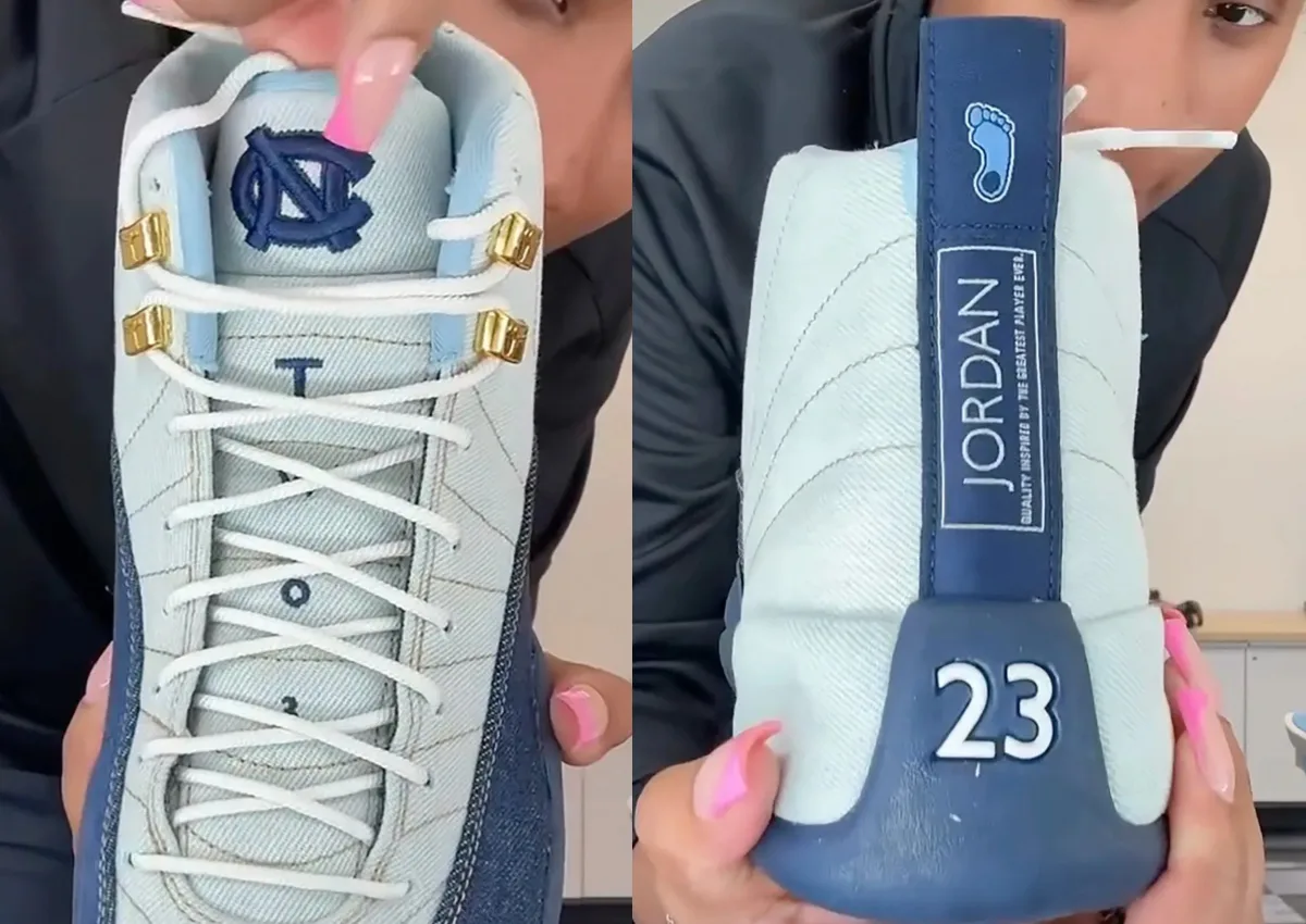 Split in-hand view: pale blue denim top with NC logo, and navy heel tab with 23, UNC