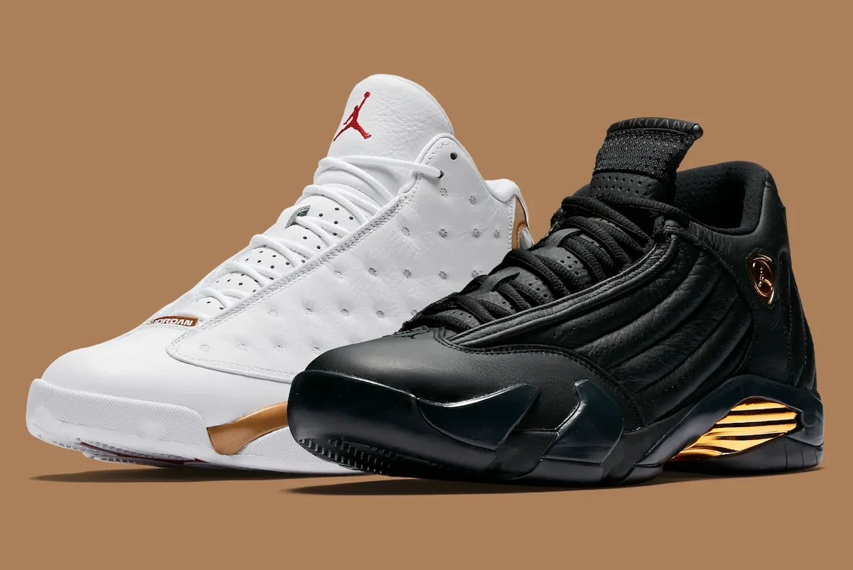 Pair of white and gold and black and gold sneakers overlapping on brown background, Defining Moments Pack