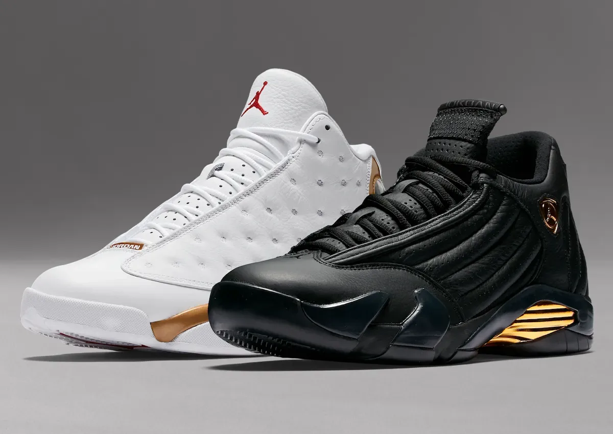 Lateral pair, white sneaker with gold accents beside black leather one with gold shield logo, Defining Moments Pack