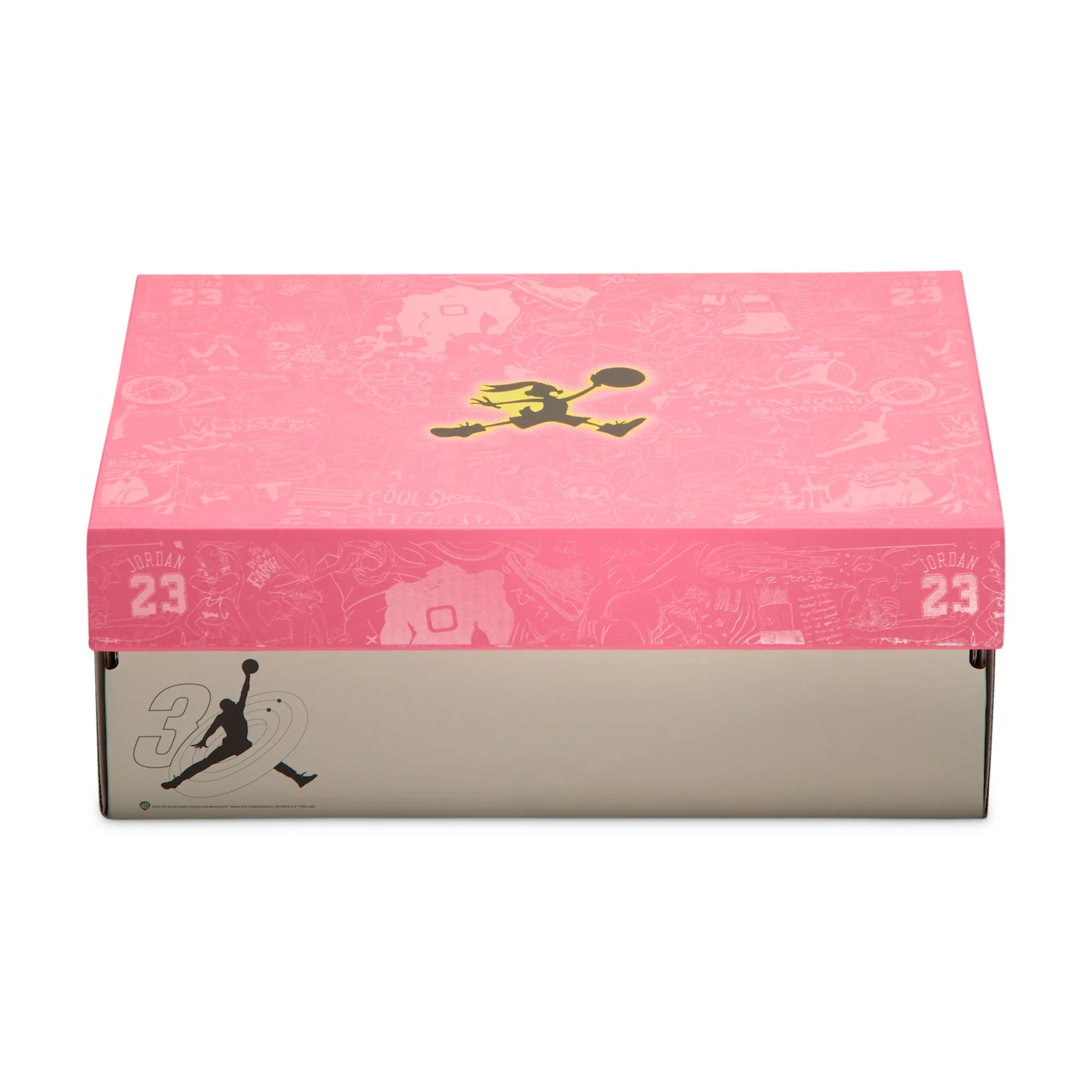 Closed shoebox with pink lid printed in tonal cartoon doodles, bunny Jumpman logo centre, tan base with Jumpman, Lola Bunny