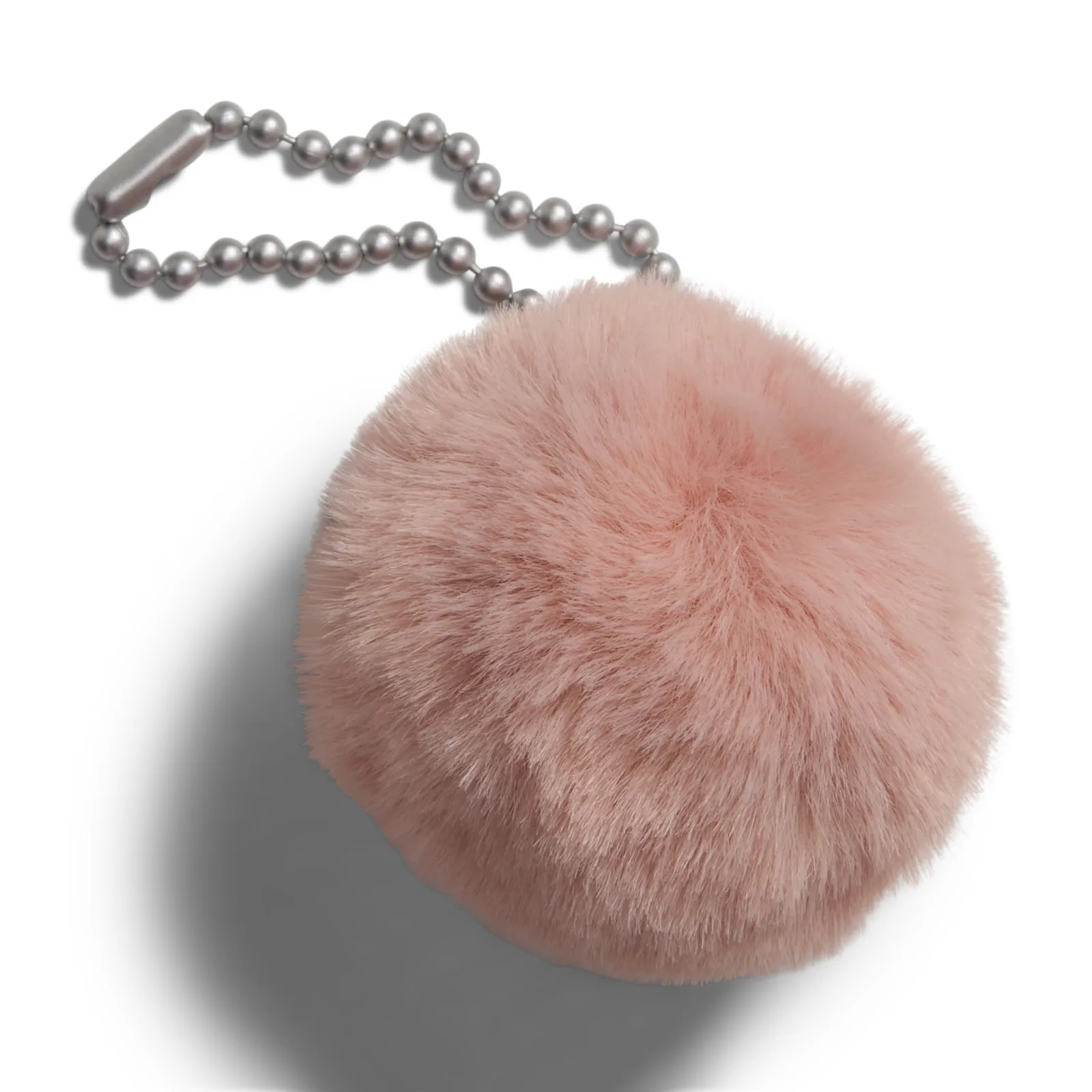 Fluffy pink pom-pom keychain on a silver ball chain, shown against white background, Lola Bunny