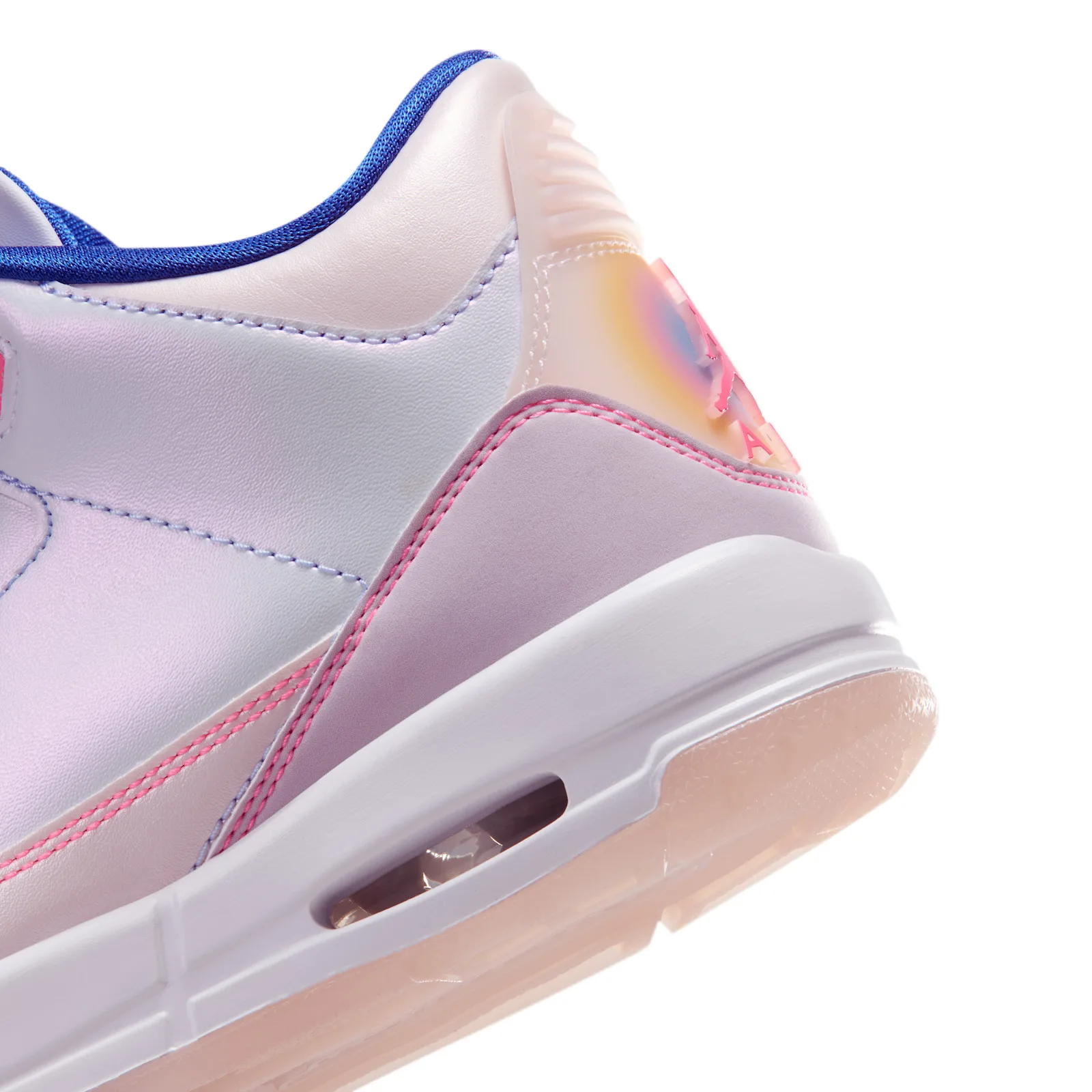 Detail of heel and midsole showing iridescent gradient heel tab, pink stitching, Air window and pink translucent outsole
