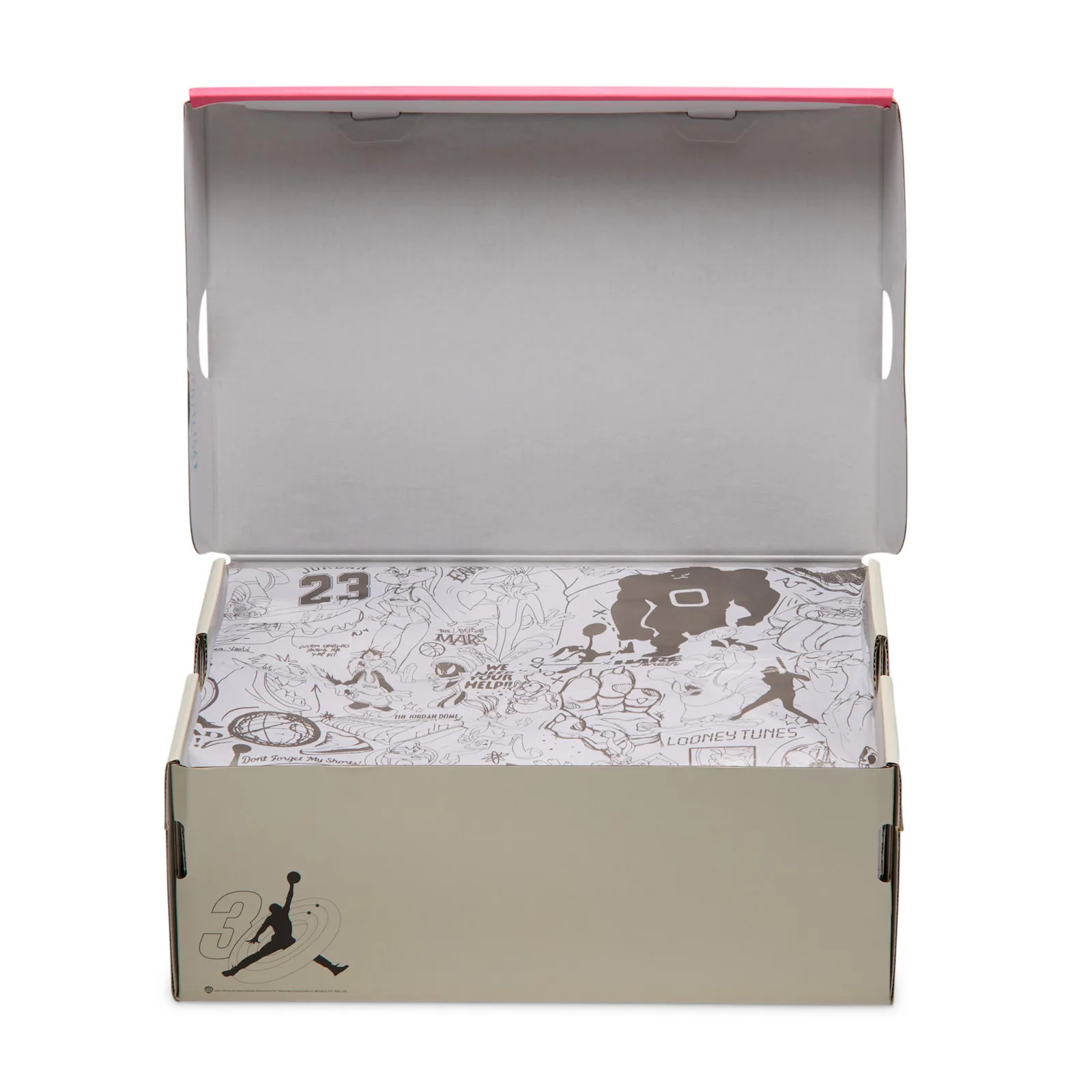 Open shoebox with grey cartoon-sketch tissue paper, Jordan 23 and Looney Tunes text, Jumpman logo on tan base, Lola Bunny