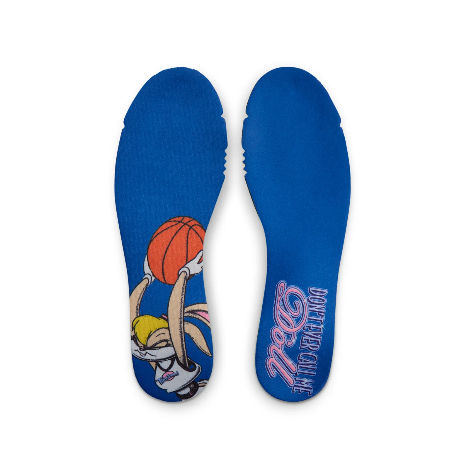 Pair of blue insoles, one with cartoon bunny dunking an orange basketball, other reading Don't ever call me Doll, Lola Bunny