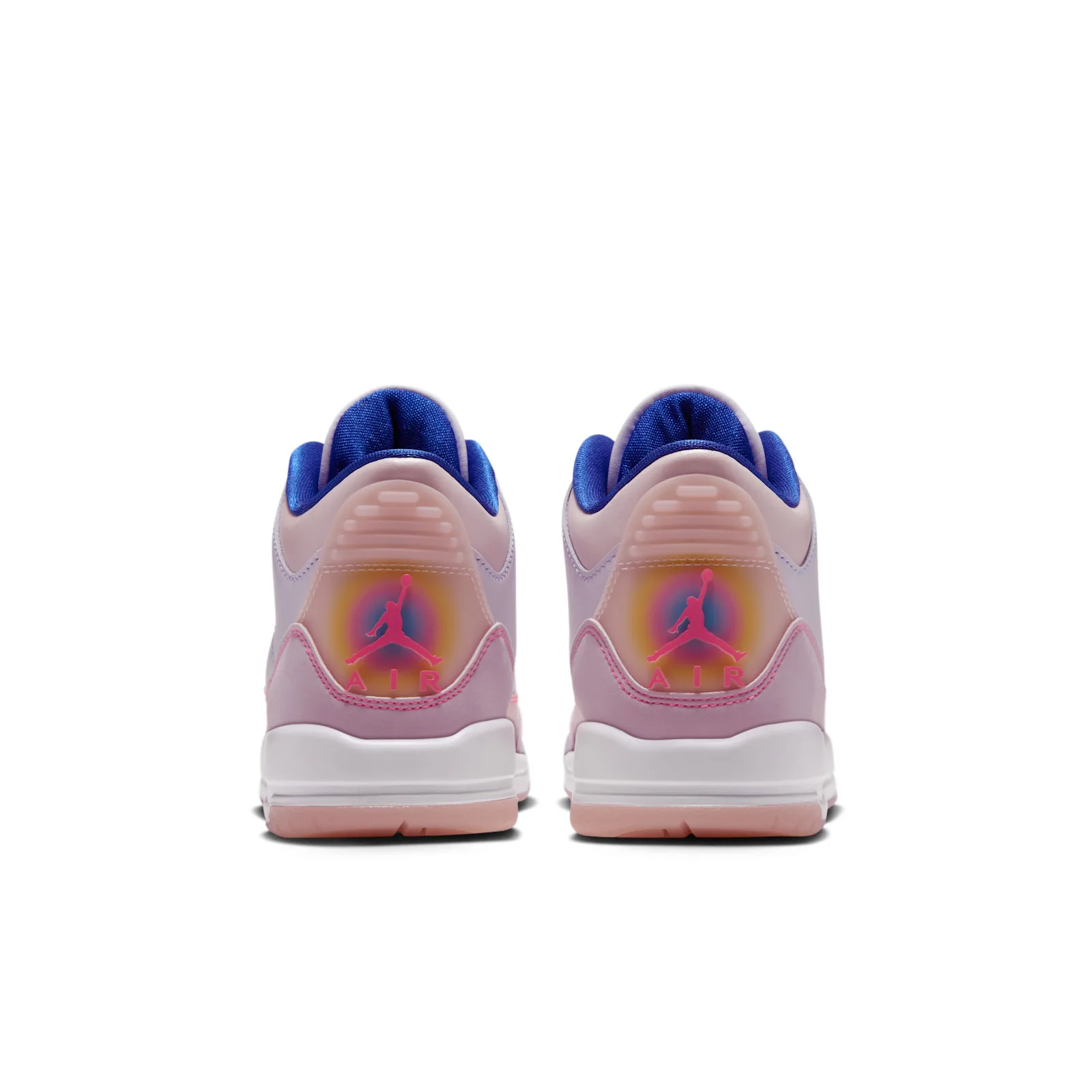 Heel view of pair showing glowing orange, pink and blue gradient heel tabs with pink Jumpman and AIR text, Lola Bunny