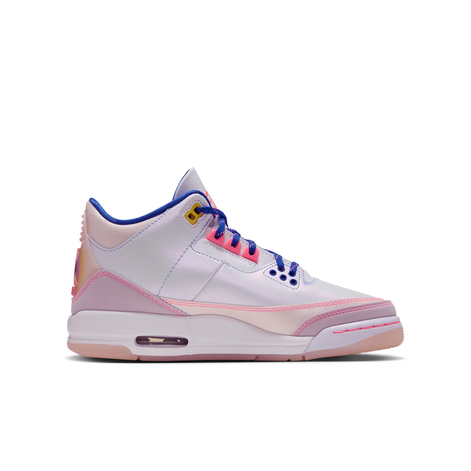 Medial view of single sneaker, lilac and pink panels, blue laces, visible Air unit in white midsole, Lola Bunny