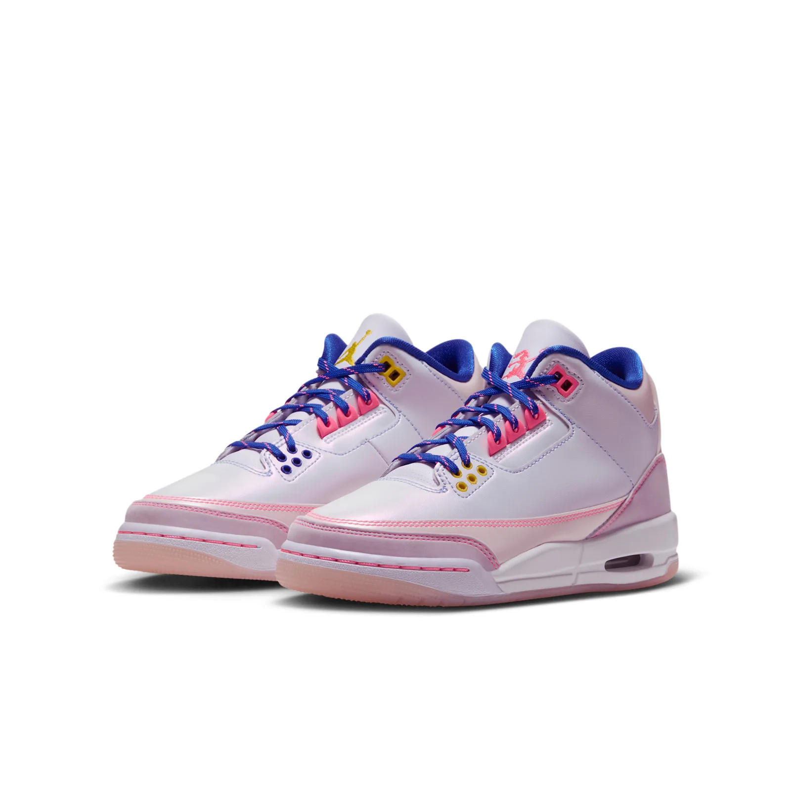 Pair at three-quarter angle, lilac leather with pink trim, blue laces, yellow Jumpman and pink bunny logo on tongues, Lola