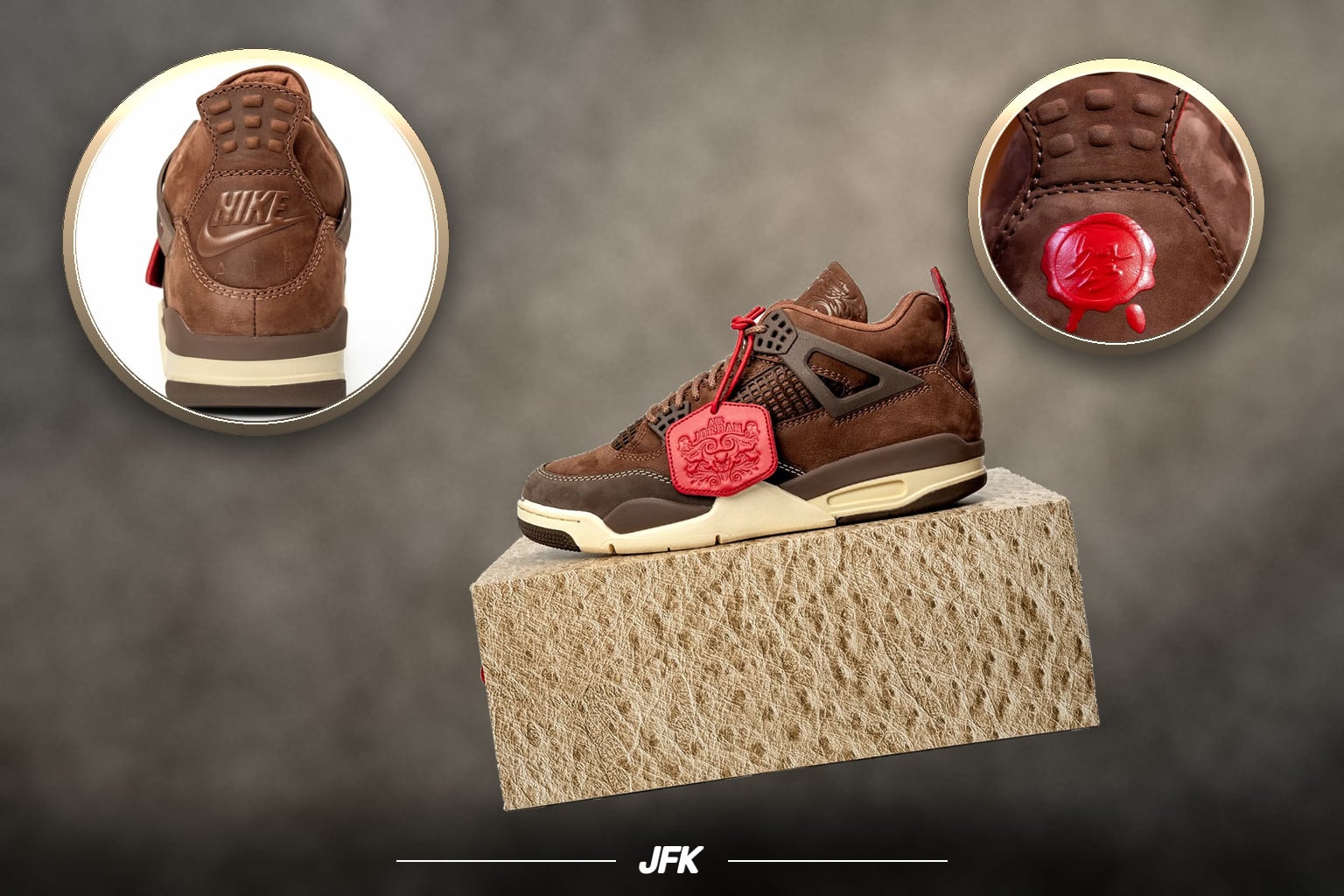 Collage: lateral shoe on textured tan box, heel Nike logo and red wax seal insets, Bin23