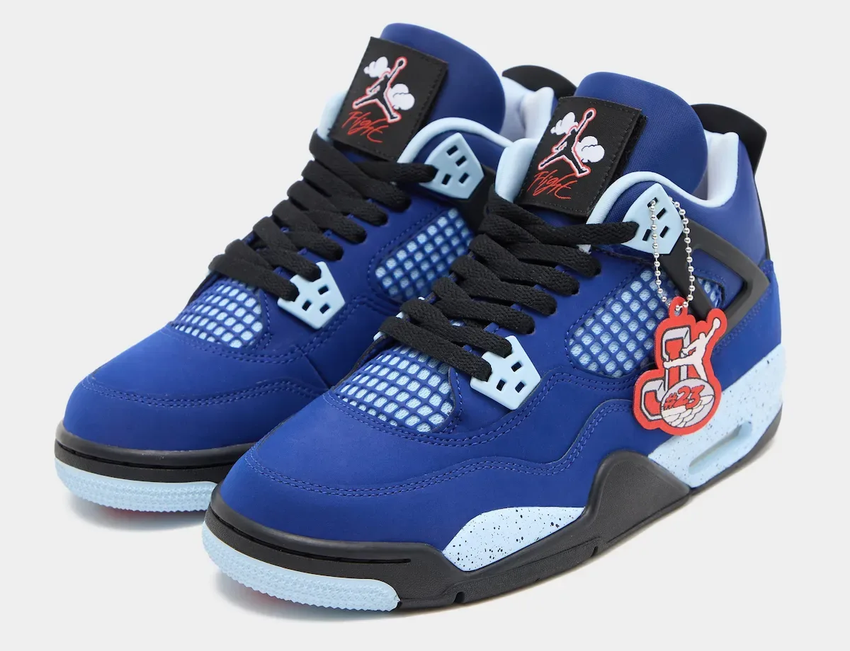 Pair at three-quarter angle, blue upper, black laces, Flight tongue logos, Deep Royal Blue