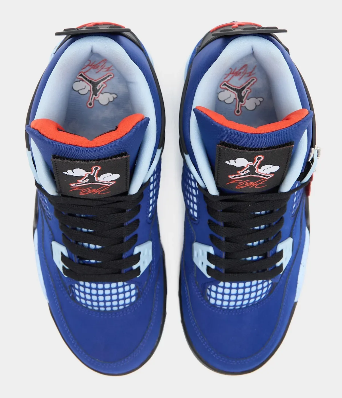 Top-down view of pair with black laces, red-orange collar and Flight insole print, Deep Royal Blue