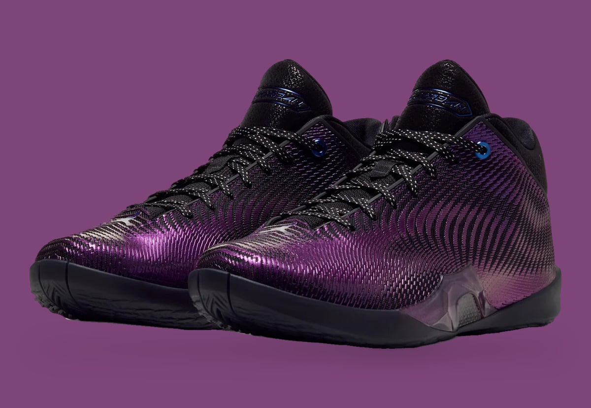 Pair at three-quarter angle, glossy purple textured uppers, black midsoles, purple background, Amethyst
