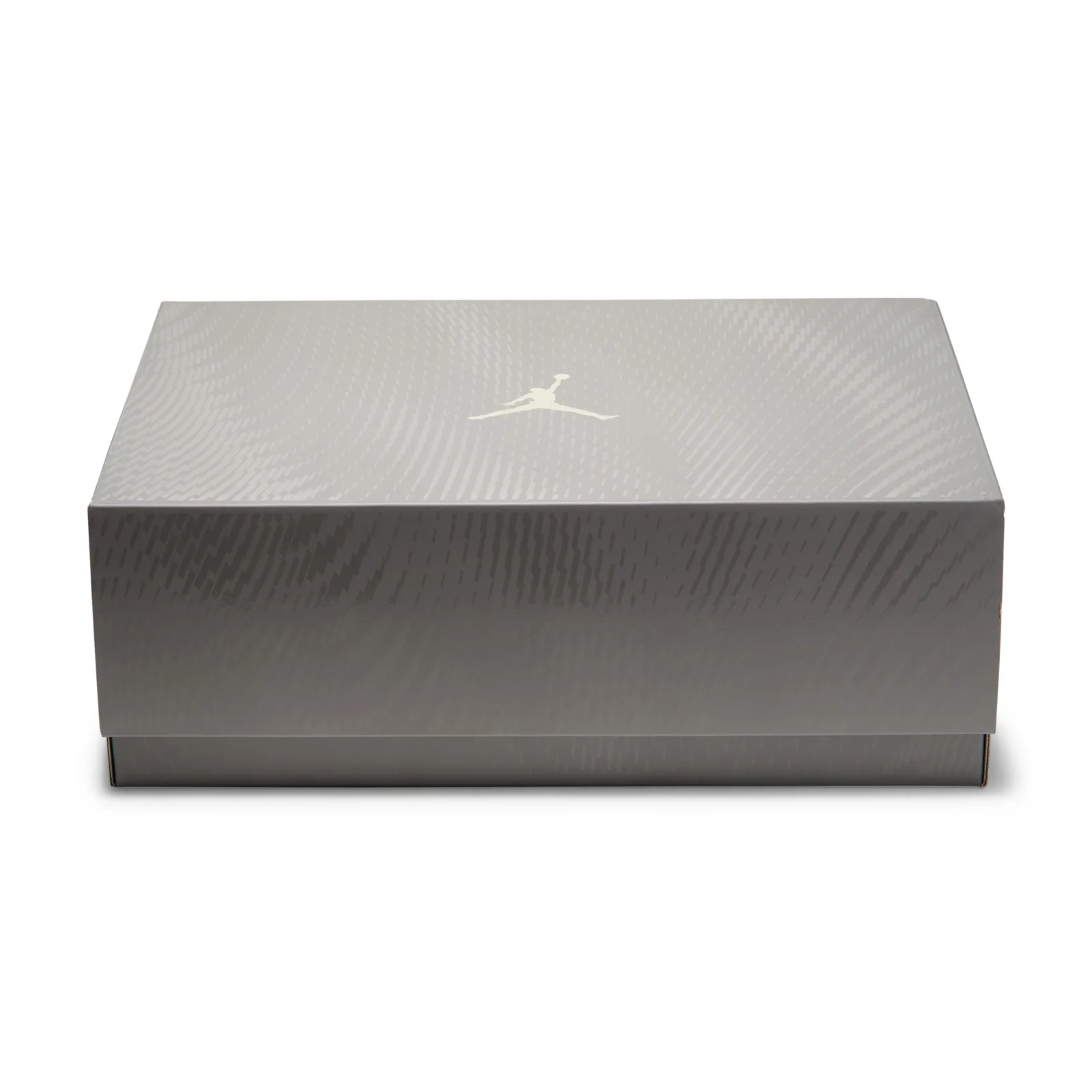 Closed grey shoebox with a textured surface and a pale Jumpman logo on the lid, Space Jam