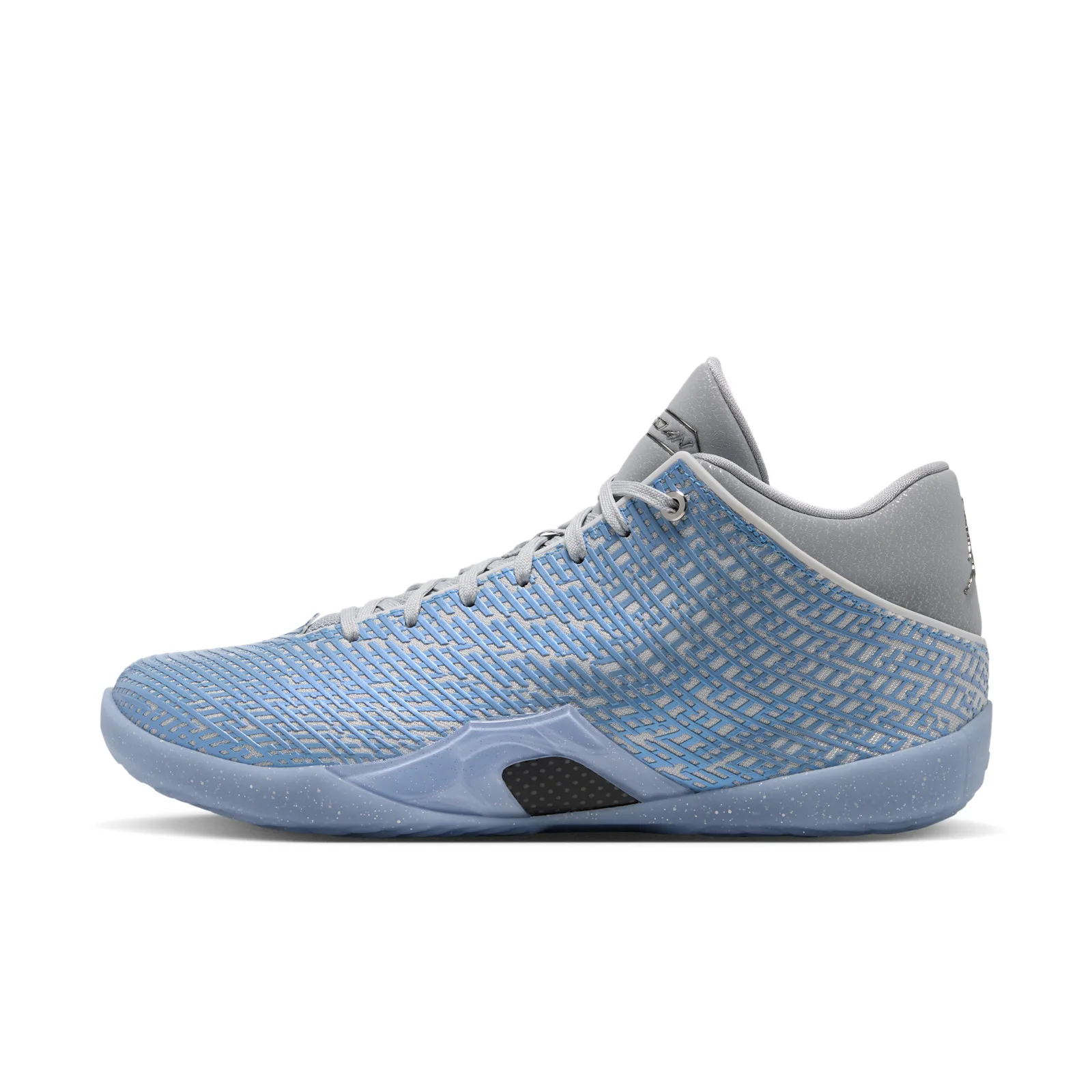 Medial view of light blue maze-patterned upper, grey heel and lace, translucent speckled sole, Space Jam
