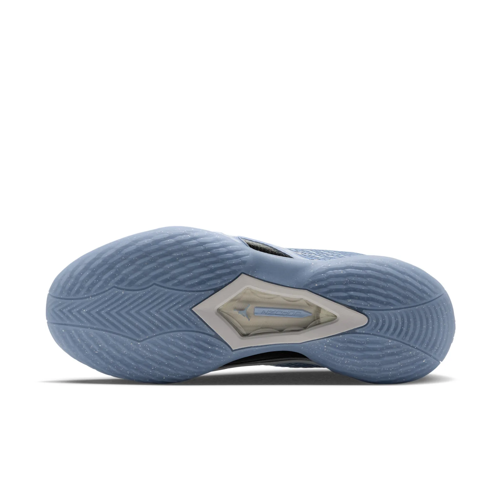 Outsole view with blue speckled tread and a grey central plate with a Jordan logo, Space Jam