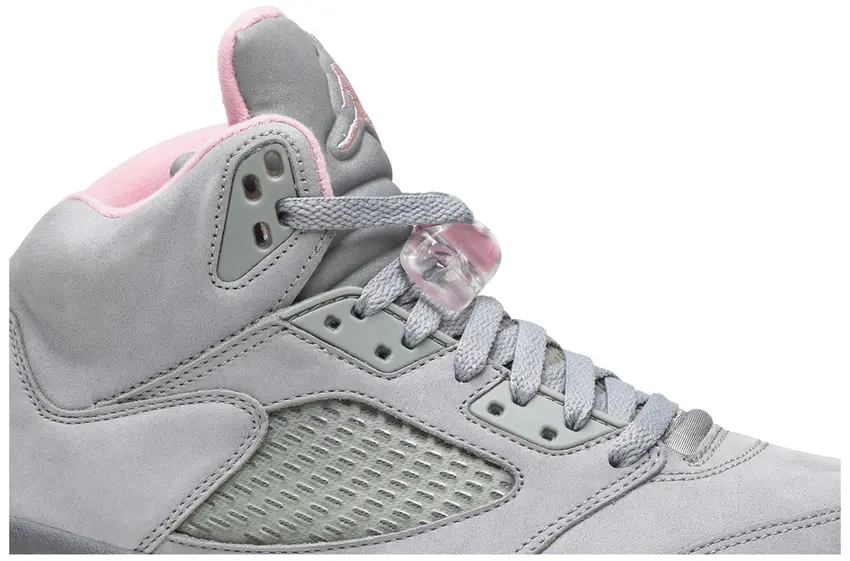 Detail of collar and lacing: pink lining, translucent pink lace toggle, grey mesh panel and suede, Shy Pink