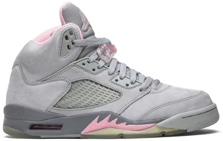 Lateral view of grey suede high-top with pink collar lining and pink shark-tooth midsole, Shy Pink