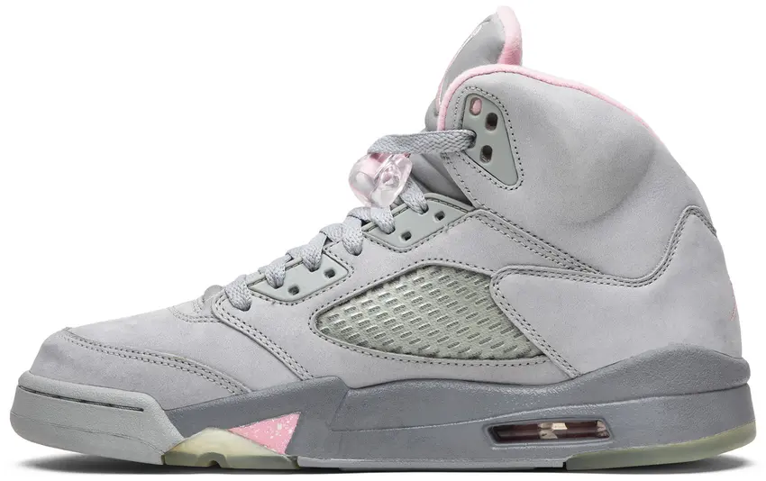 Medial view of grey suede high-top with pink heel pull, pink midsole spatter and clear lace lock, Shy Pink