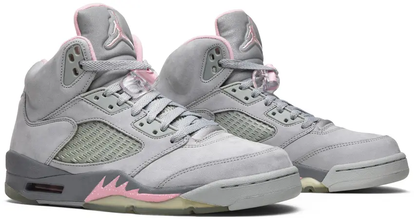 Three-quarter view of pair, grey suede with pink collar lining and translucent pink lace toggle, Shy Pink