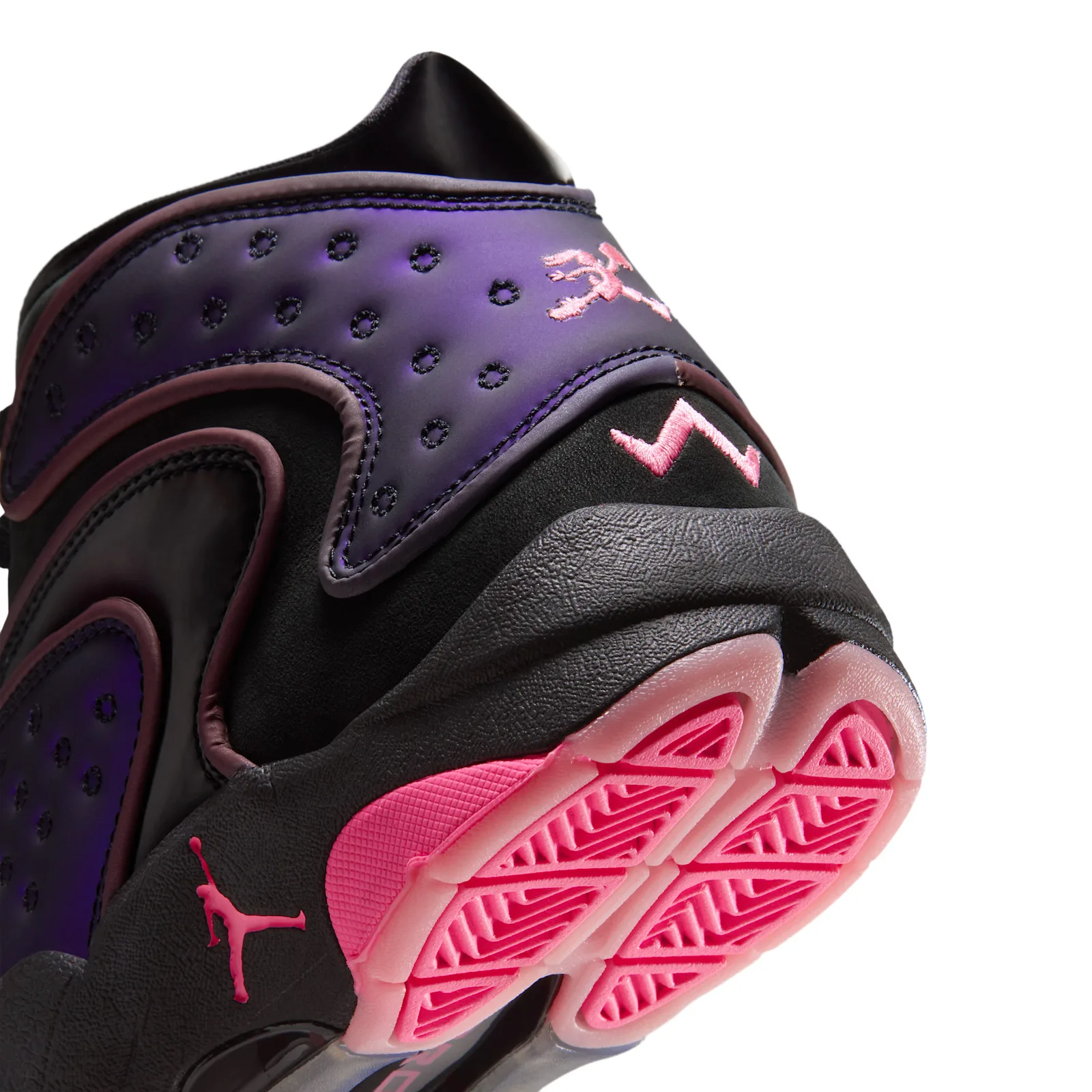 Heel detail, pink embroidered logos on purple panel, textured black heel and pink outsole, Space Jam Amusement Park