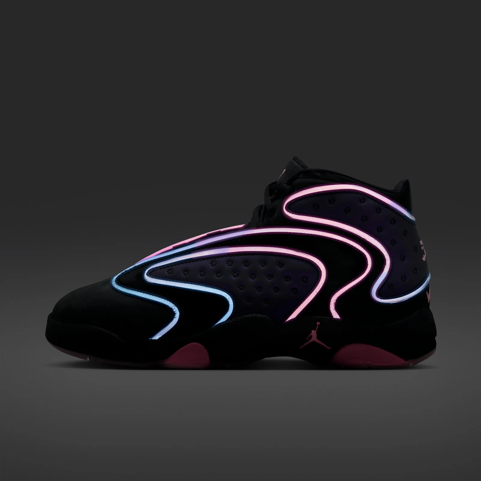Lateral view in the dark, glowing pink and blue reflective outlines on black upper, Space Jam Amusement Park