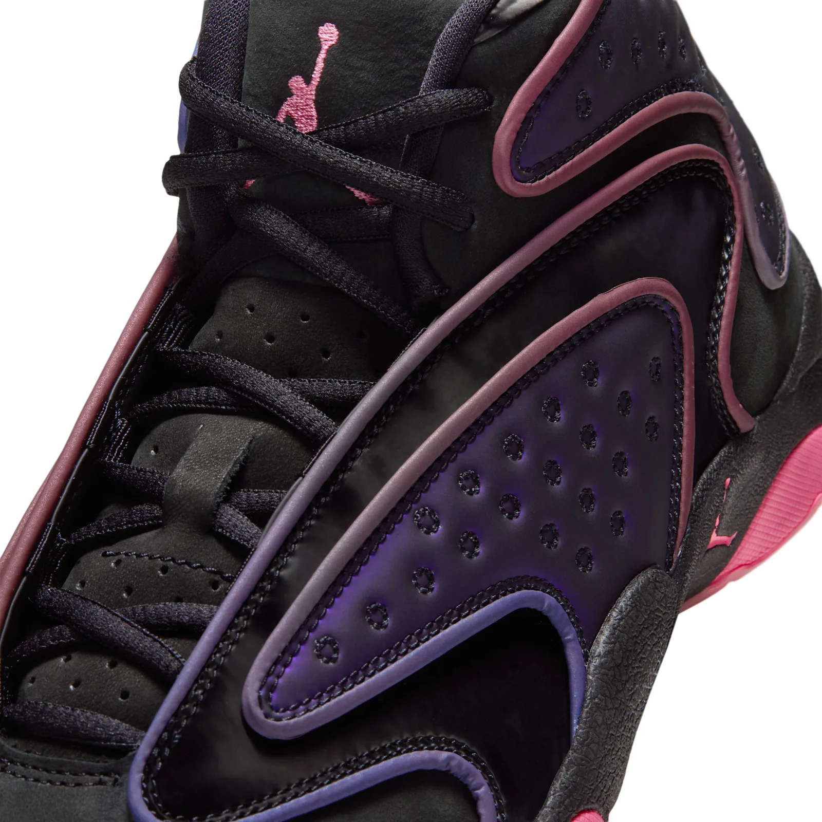 Close-up of laces and side panels, purple perforated overlays, pink Jumpman on tongue, Space Jam Amusement Park