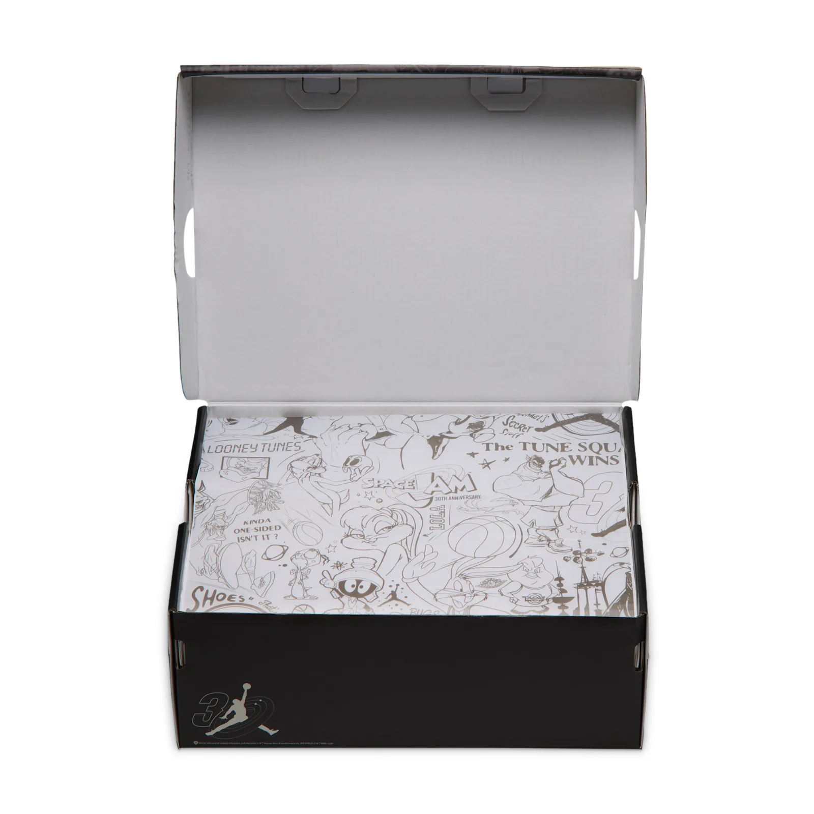 Open shoebox with white tissue printed with Looney Tunes sketches and Space Jam text, Space Jam Amusement Park