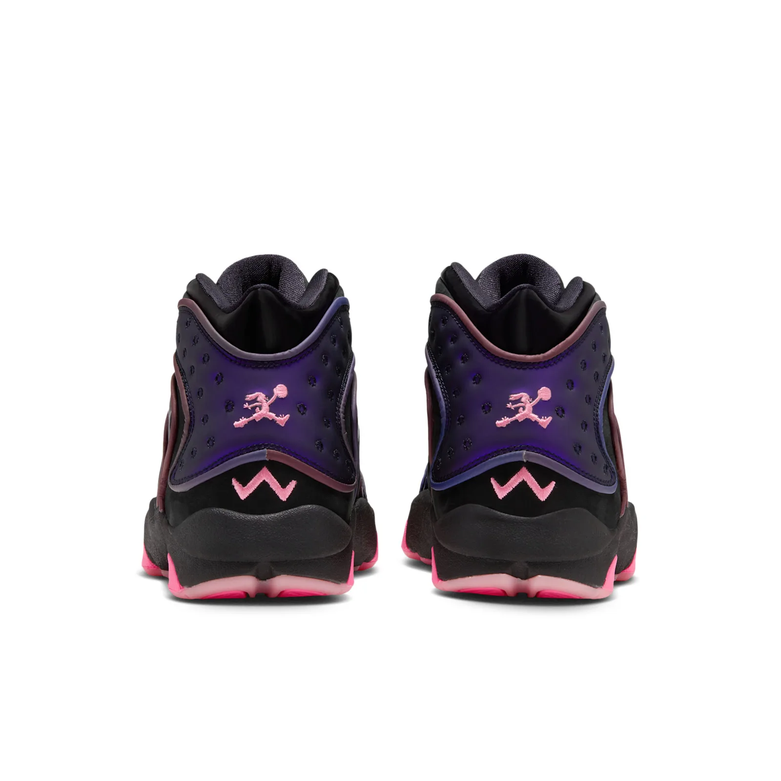 Heel view of pair with pink embroidered cartoon Jumpman and zigzag logo on purple panels, Space Jam Amusement Park