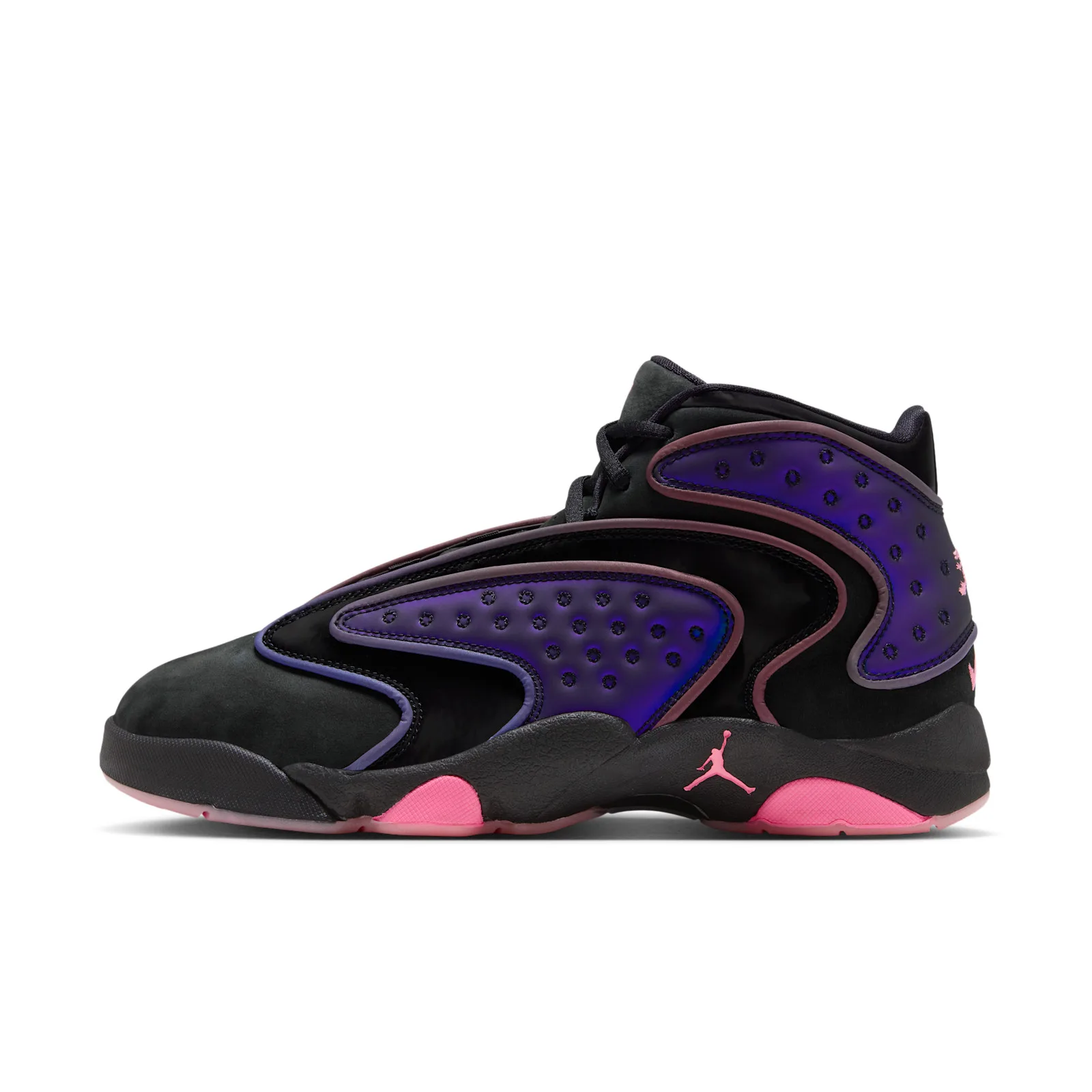 Lateral view, black suede with iridescent purple panels, pink Jumpman and pink outsole, Space Jam Amusement Park