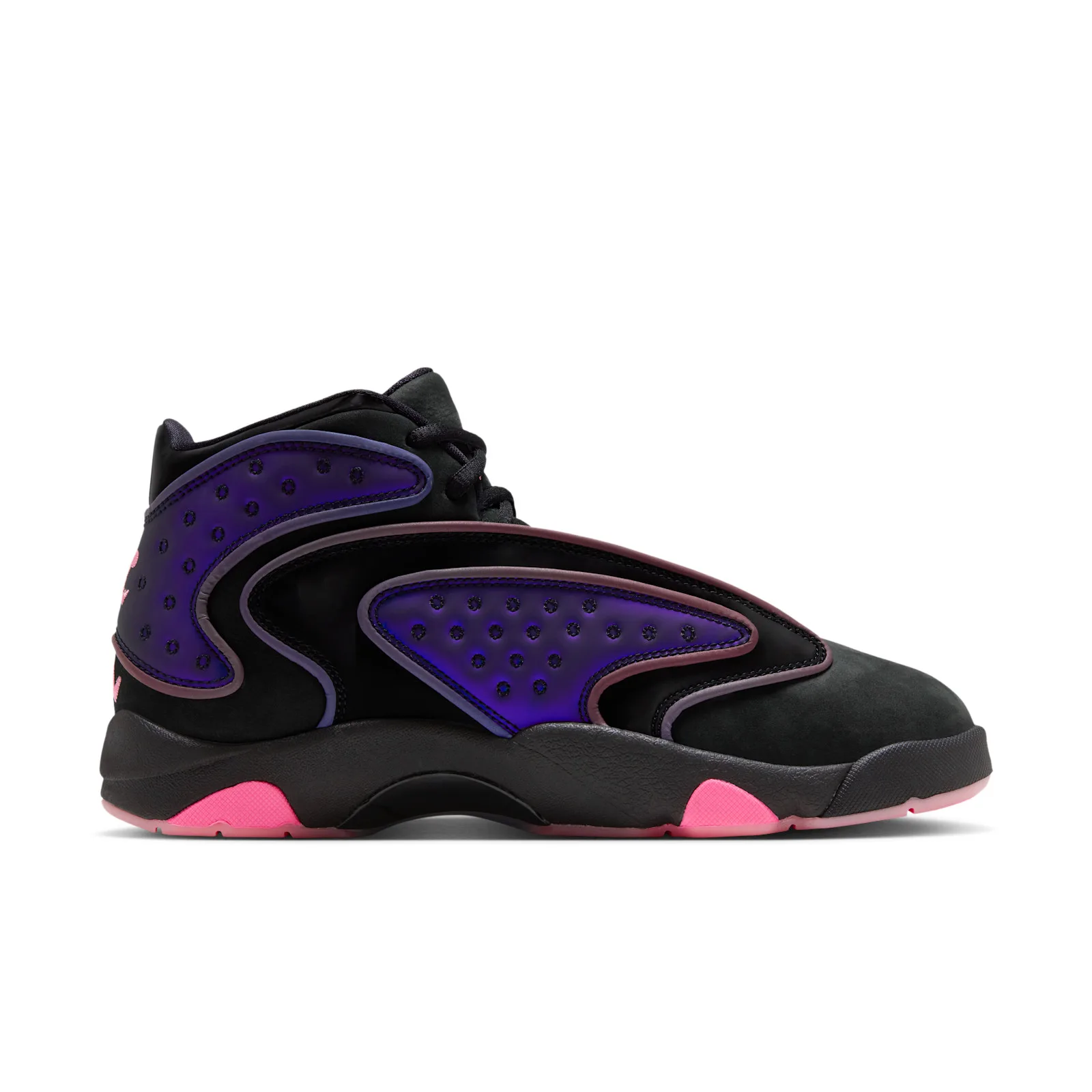 Medial view, black suede with iridescent purple panels, pink outsole sections and heel embroidery, Space Jam Amusement Park