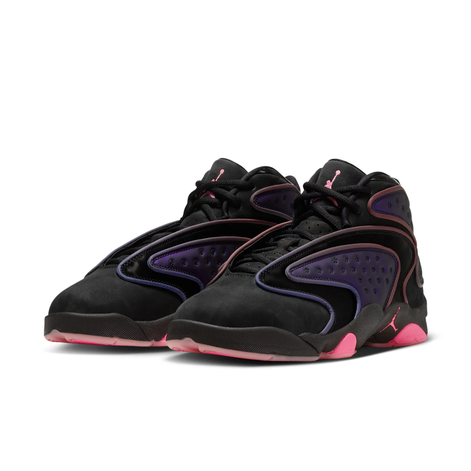Pair at three-quarter angle, black suede with purple panels and pink translucent outsoles, Space Jam Amusement Park