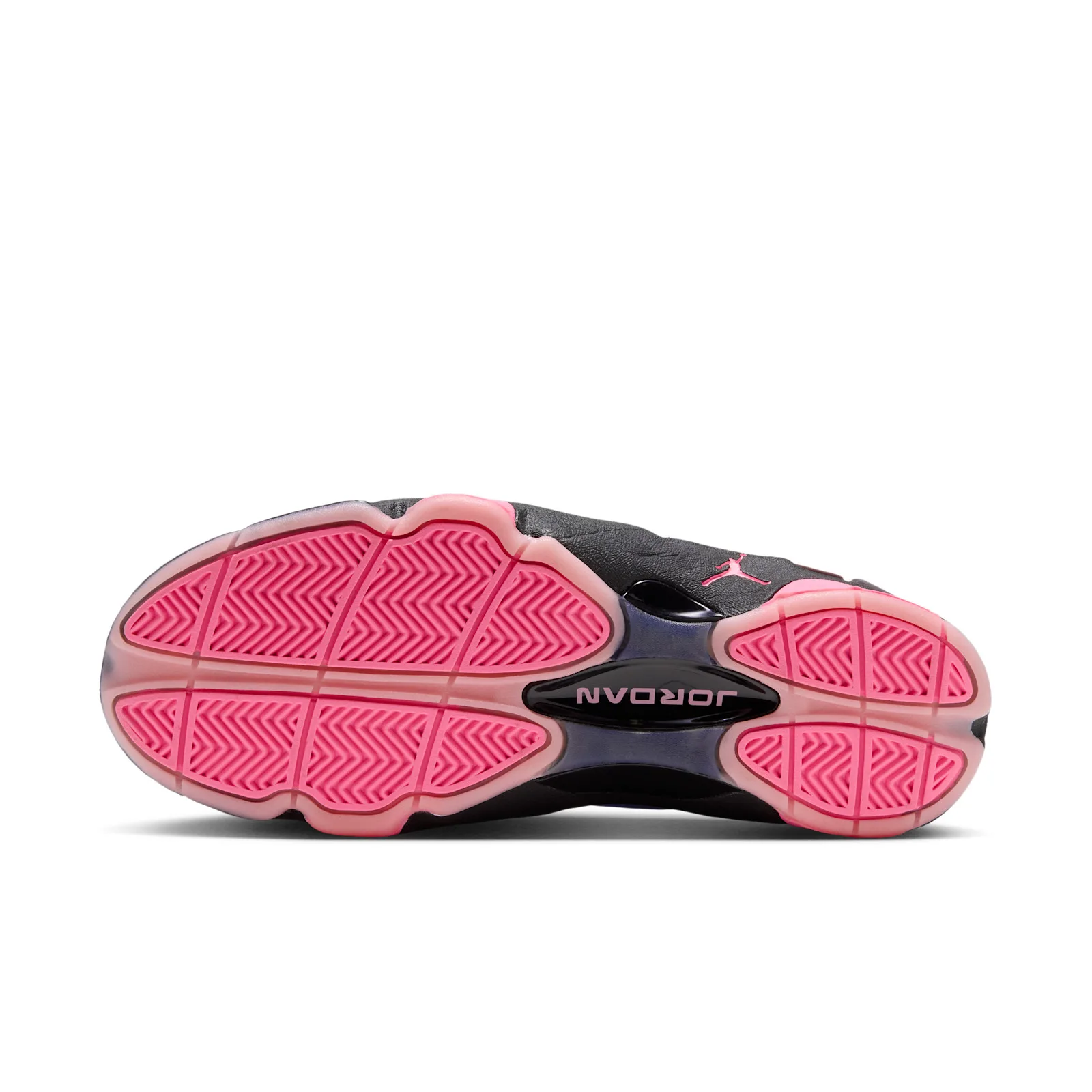 Outsole view, pink herringbone traction with translucent edge and JORDAN text on black shank, Space Jam Amusement Park
