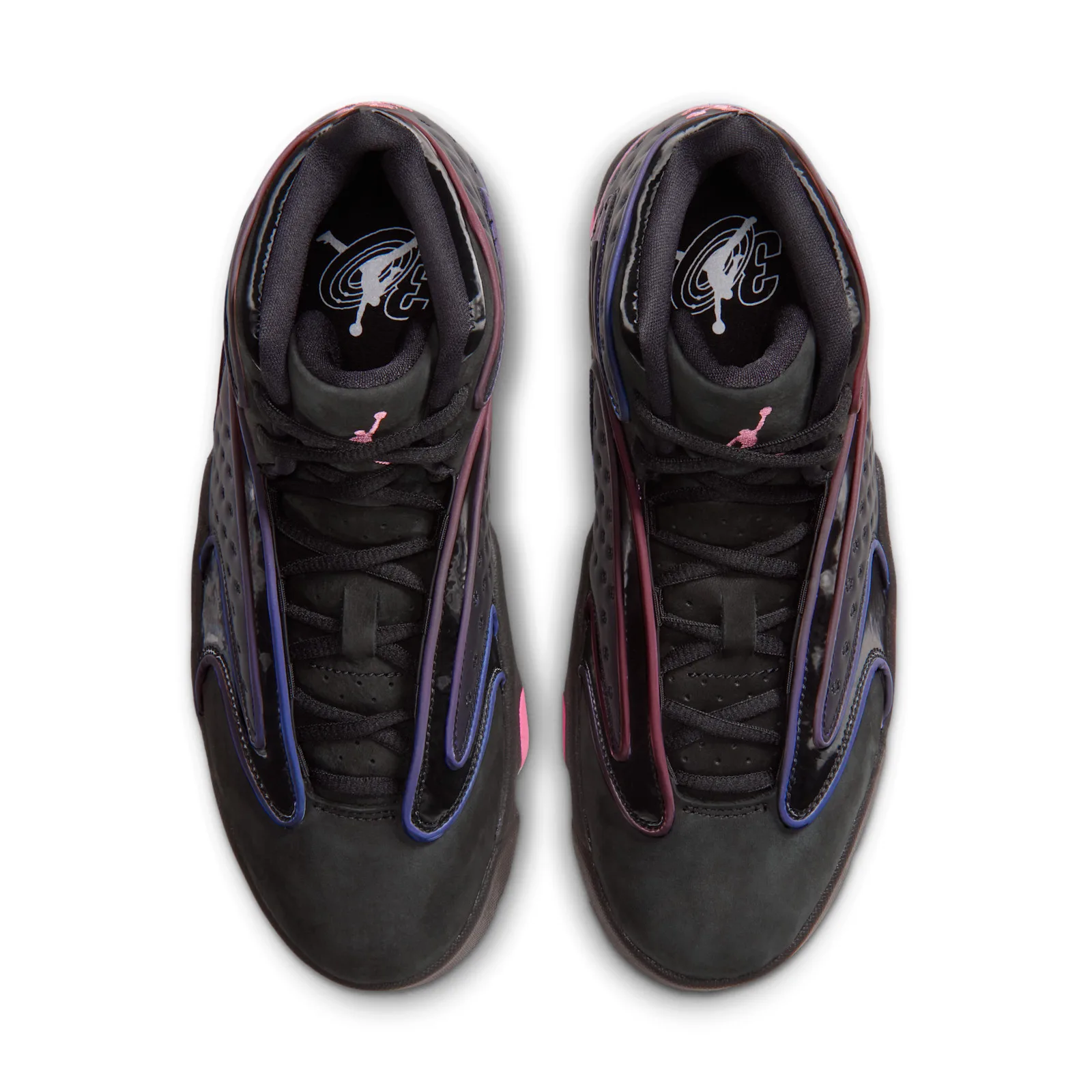 Top-down view of pair, black laces, patent overlays, tongue Jumpman logo and insole graphic, Space Jam Amusement Park
