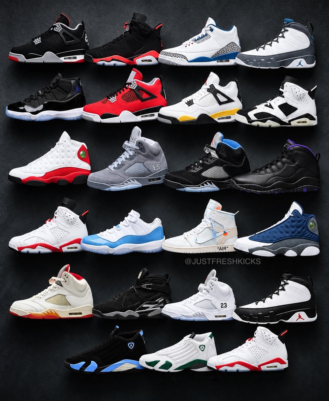 Lateral-view collage of multicoloured sneakers on a dark textured background, Air Jordan Retro