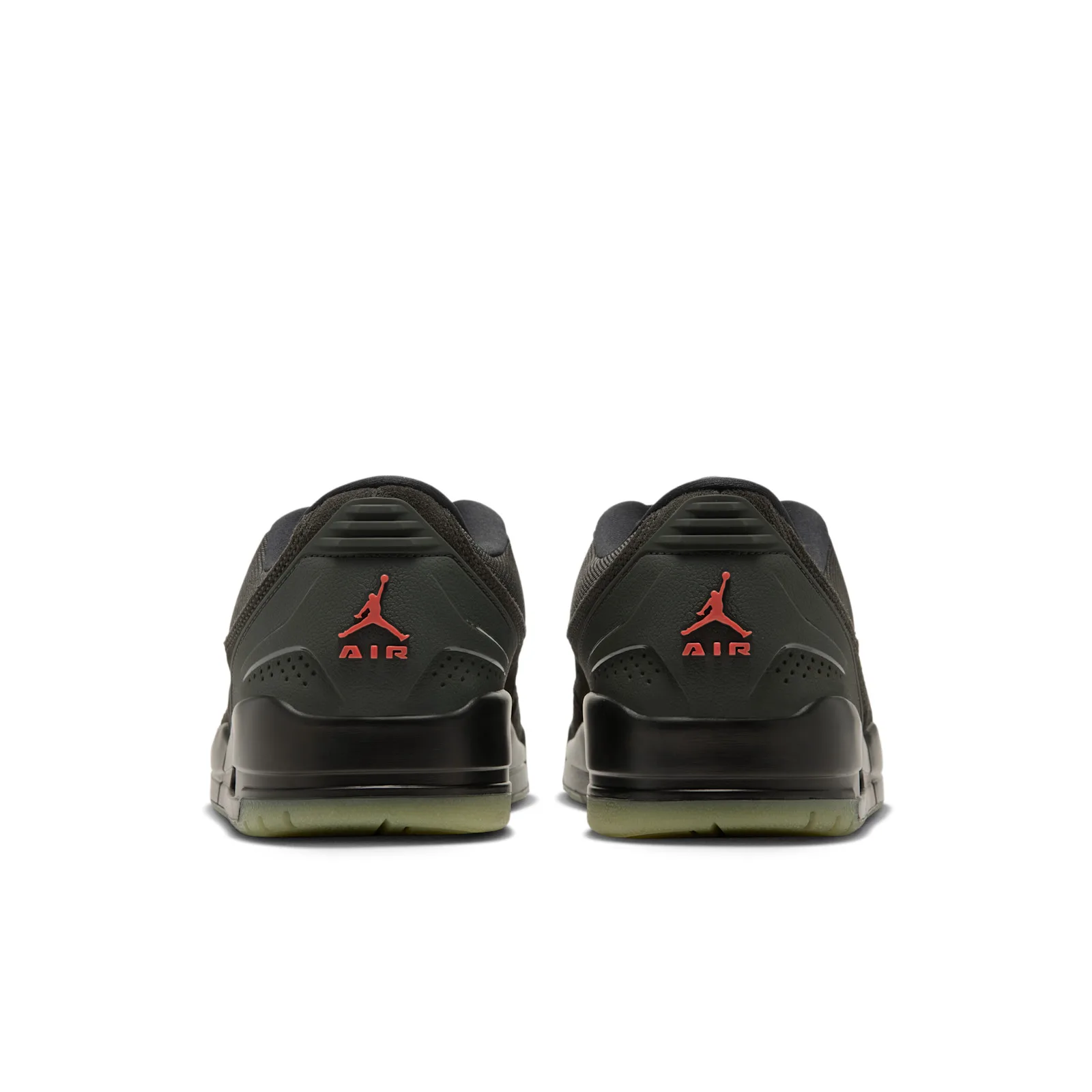 heel pair view, red Jumpman AIR logos and translucent green outsole, Paris Saint Germain