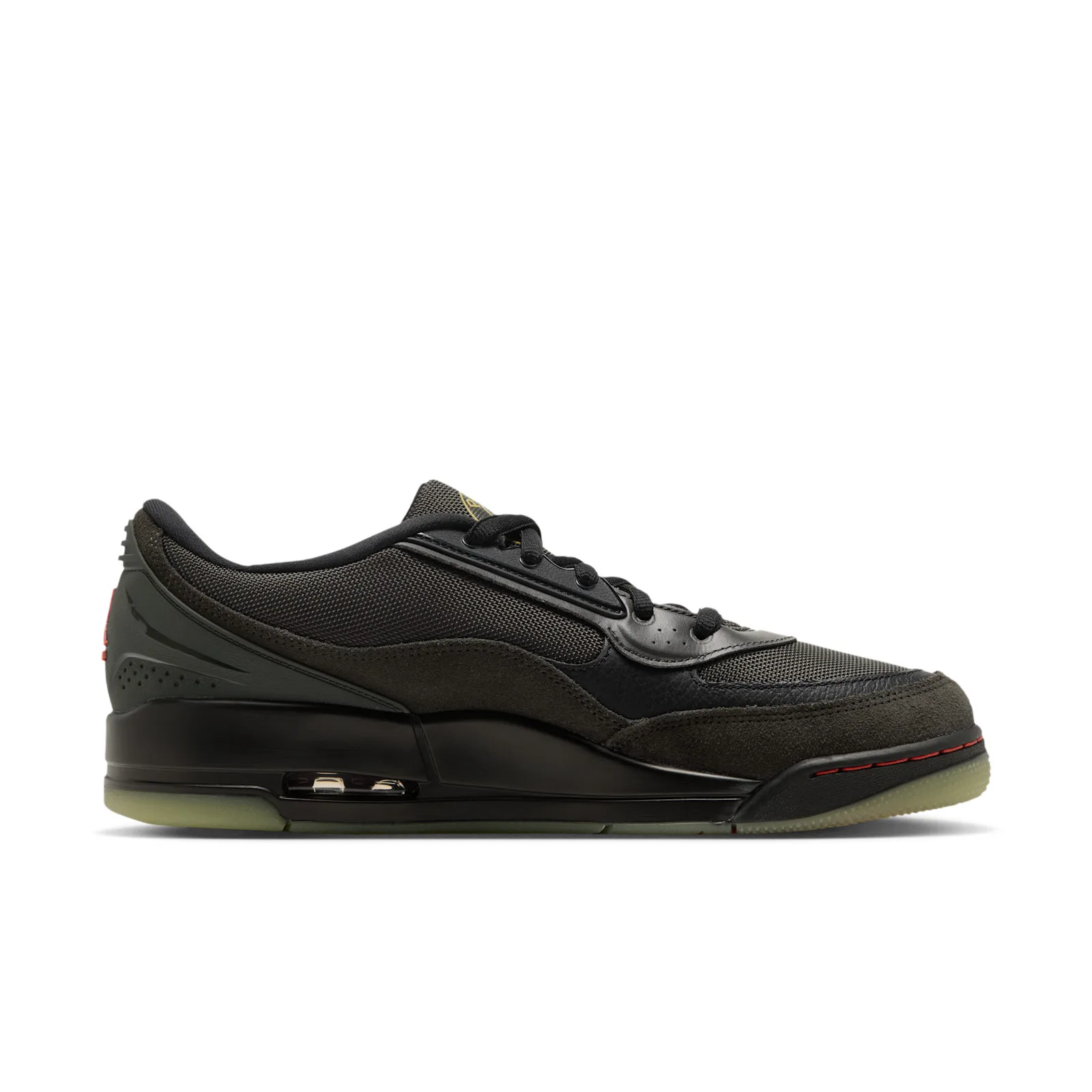 lateral view close-up, black suede toe and red Jumpman heel logo, Paris Saint Germain