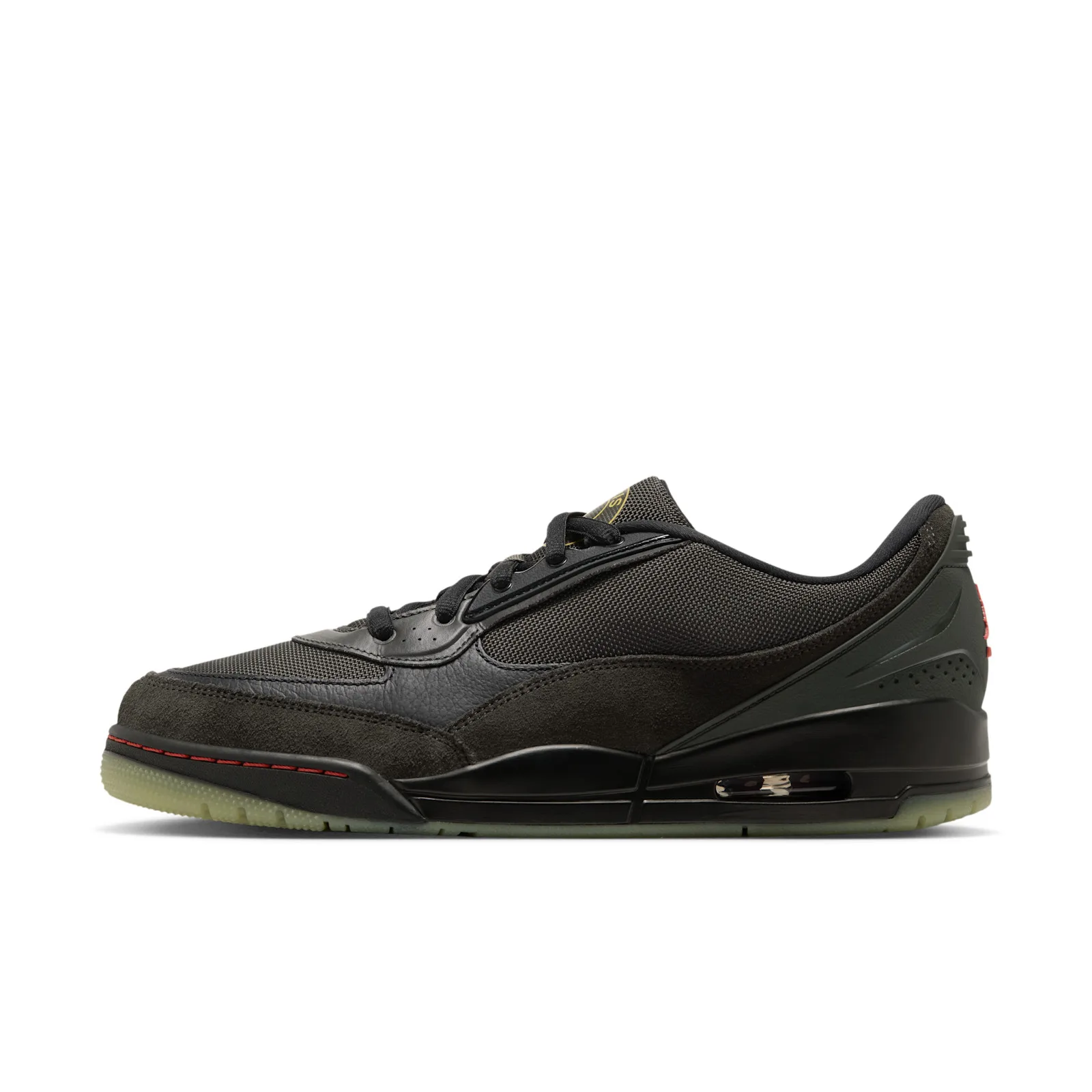 lateral view, black mesh and olive suede upper on white background, Paris Saint Germain