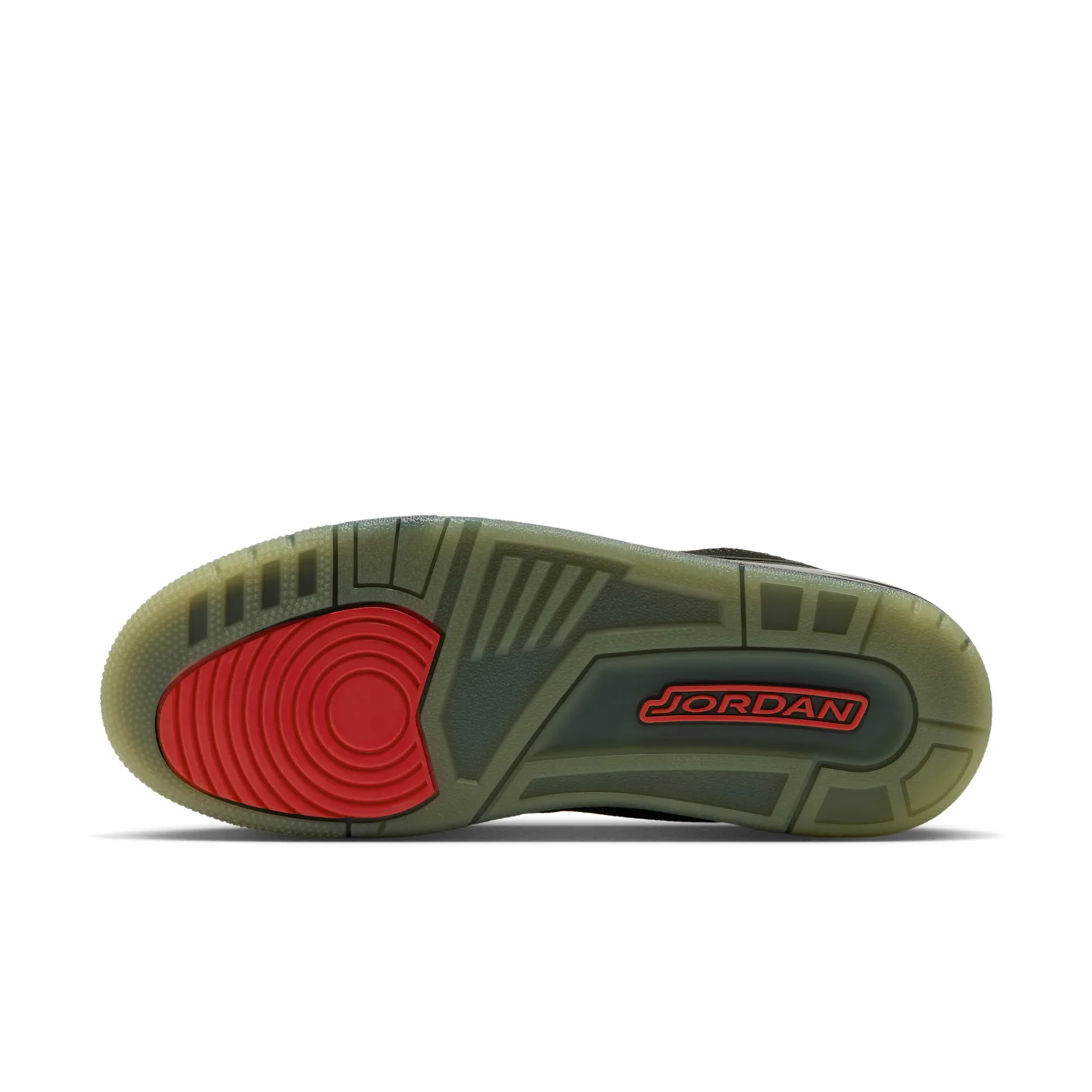 outsole view, red heel pad with Jordan wordmark and olive green tread, Paris Saint Germain