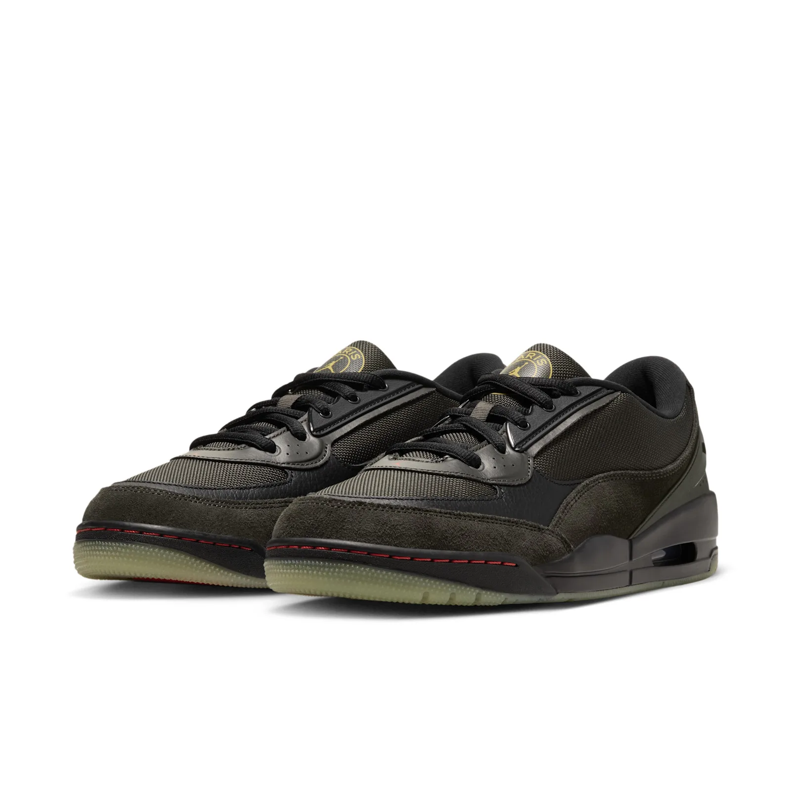 three-quarter pair view, gold Paris Saint-Germain Jumpman tongue logos, Paris Saint Germain