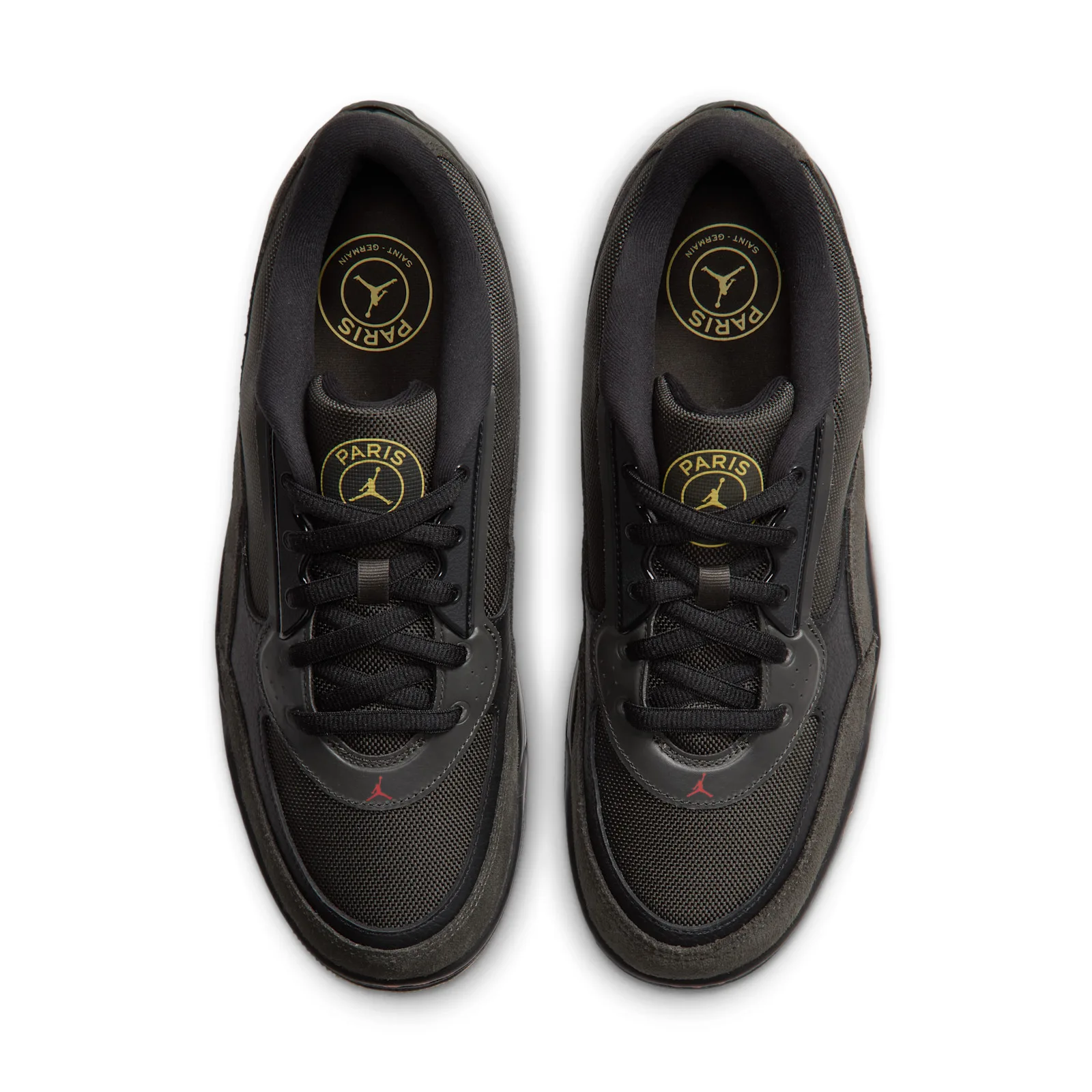 top-down pair view, gold Paris Saint-Germain logos on tongue and insole, Paris Saint Germain