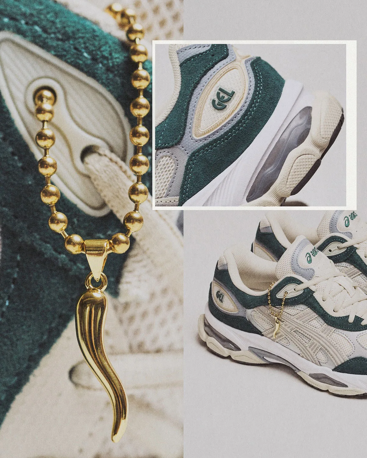 Collage with large gold horn pendant on ball chain, GEL heel detail and angled pair in cream and green, GEL PHL