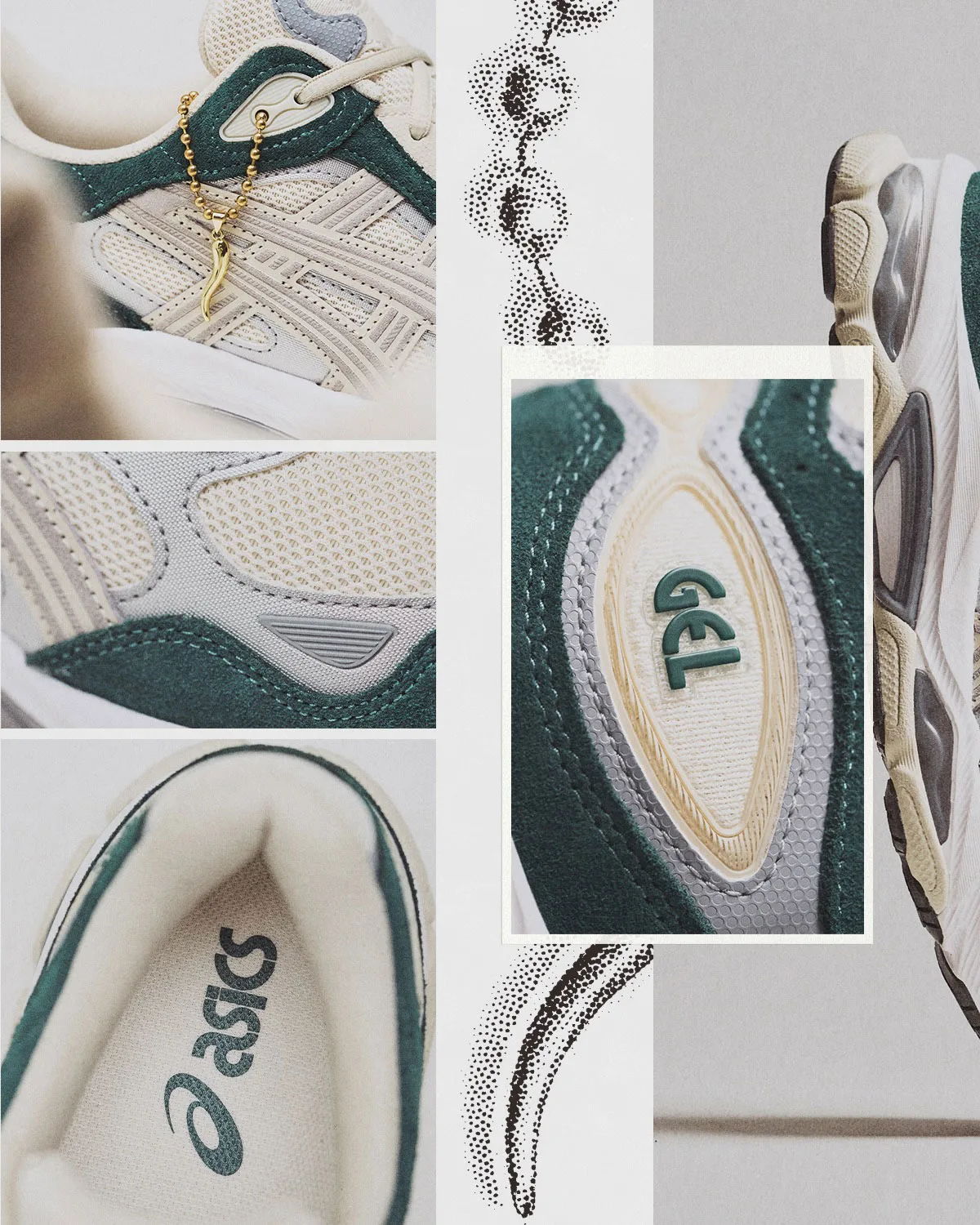 Collage of close-ups: gold horn charm, GEL logo patch and asics insole logo on green suede, GEL PHL