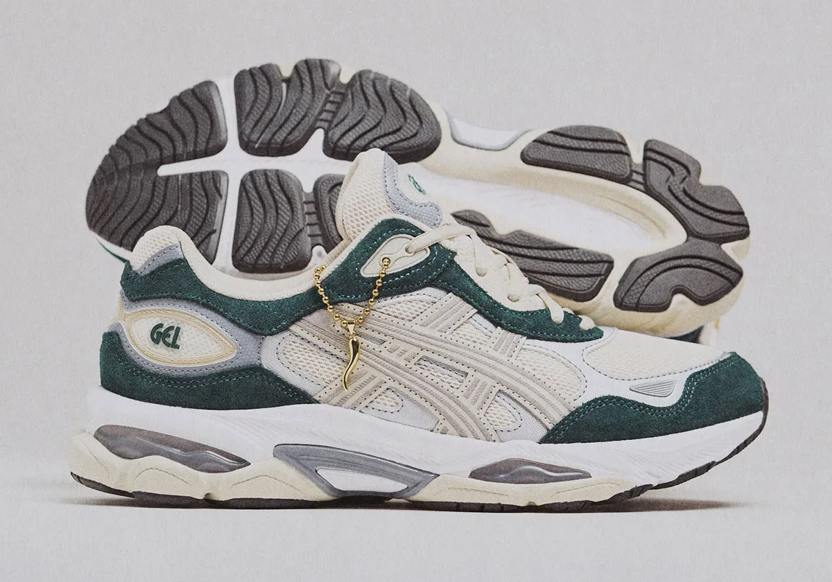 Lateral view over upturned outsole, cream and dark green suede with gold horn charm on laces, ASICS GEL NYC 2.0 “GEL PHL”