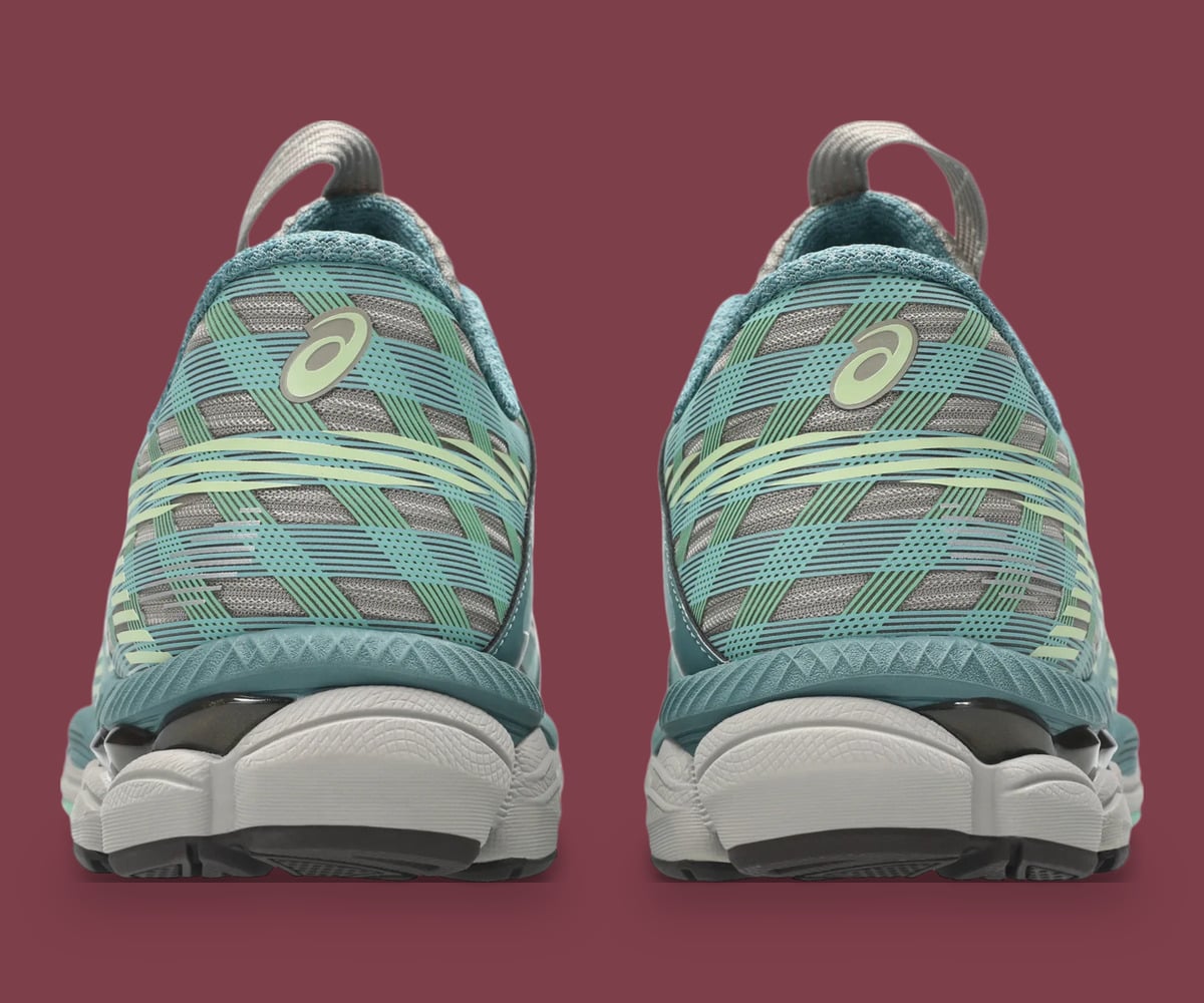 Heel view of pair, teal plaid upper, grey pull loops and pale green logo, x Kiko Kostadinov