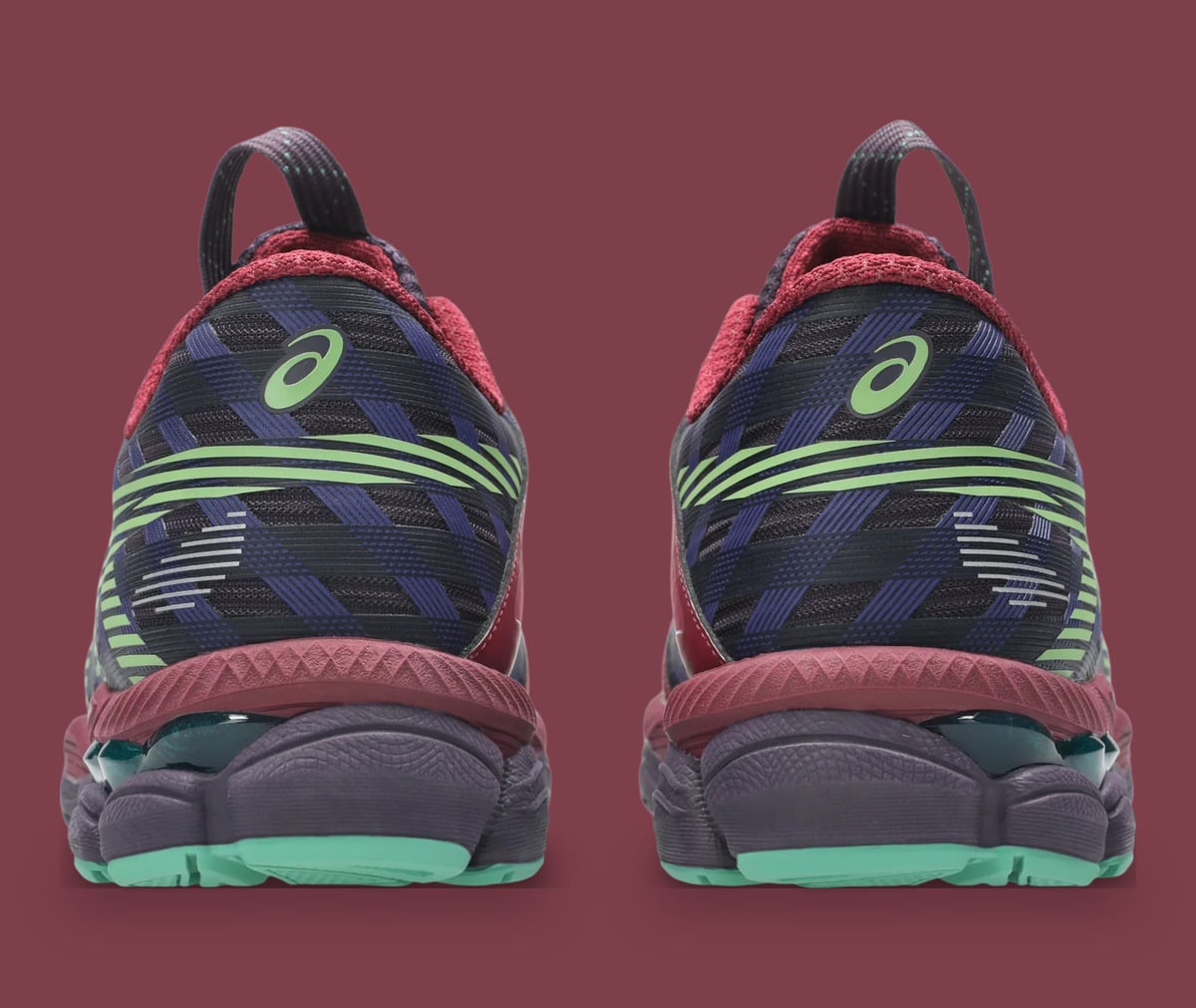 Heel view of pair, navy plaid upper, lime logo and stripes, mint outsole edge, x Kiko Kostadinov