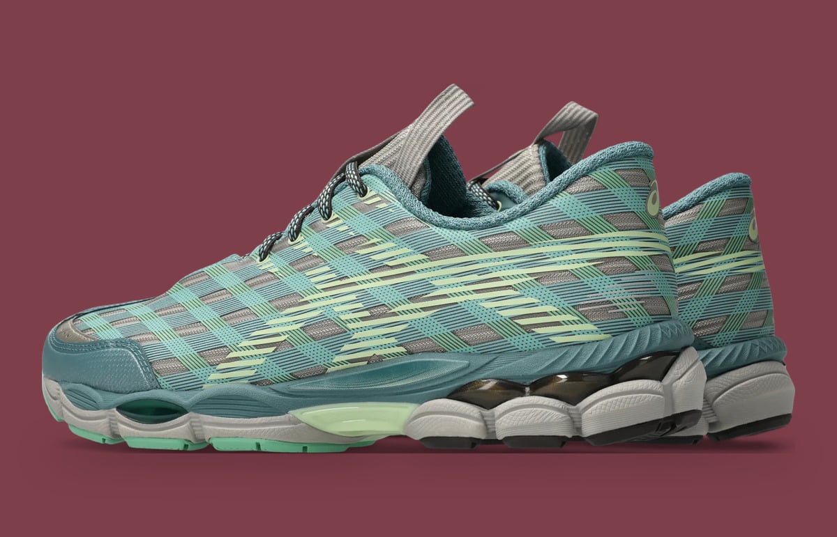Rear three-quarter pair, teal plaid upper with pale lime stripes and grey heel loops, x Kiko Kostadinov