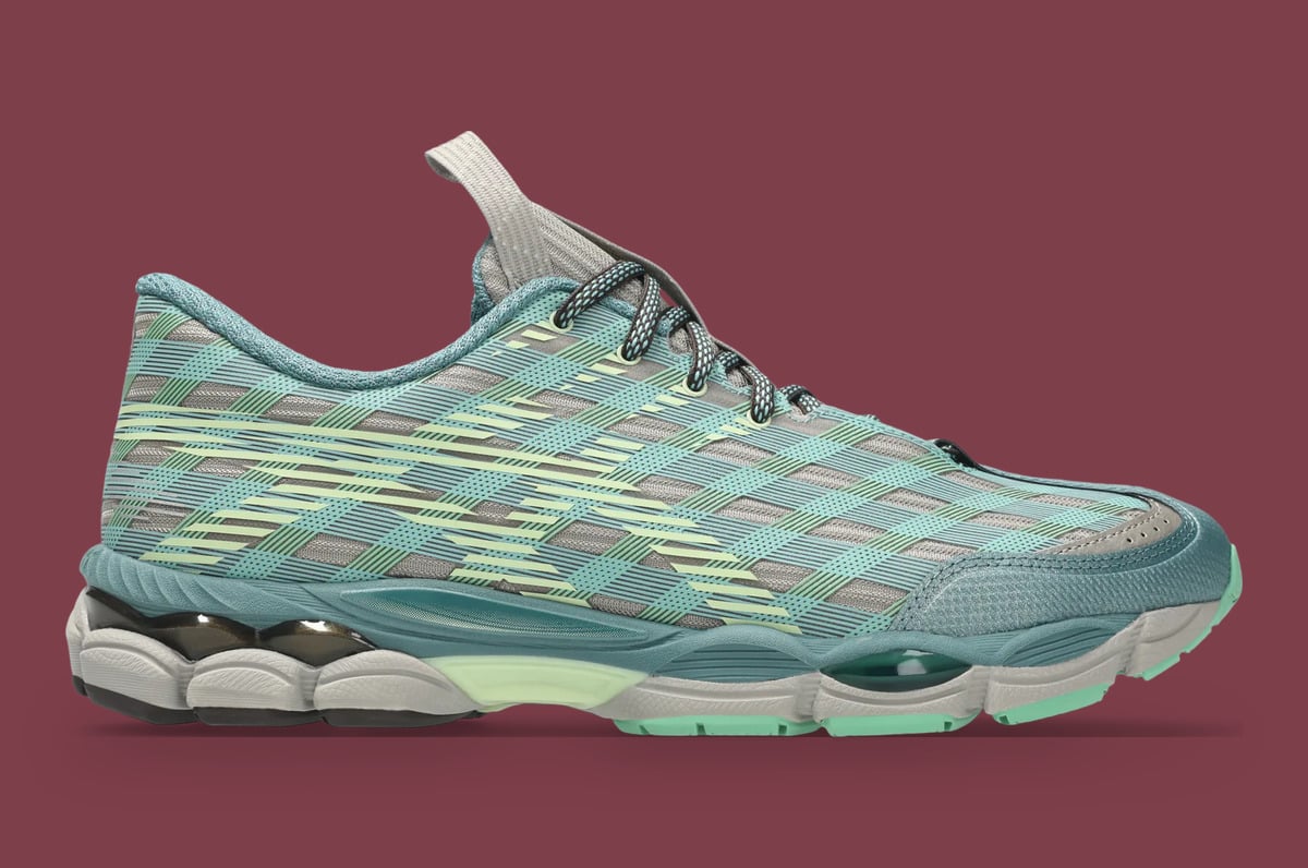 Lateral view, teal and grey plaid-weave upper with pale lime stripes and mint outsole, x Kiko Kostadinov