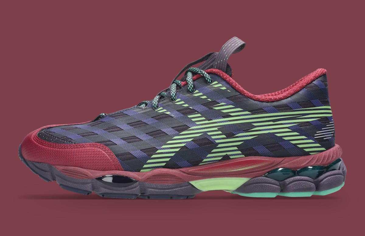 Medial view, navy upper with lime stripes, burgundy toe cap and teal gel windows, x Kiko Kostadinov