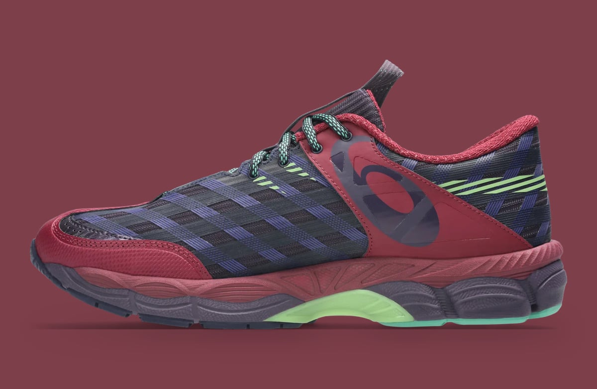Medial view, burgundy and navy upper with large overlay logo and lime heel stripes, x Kiko Kostadinov