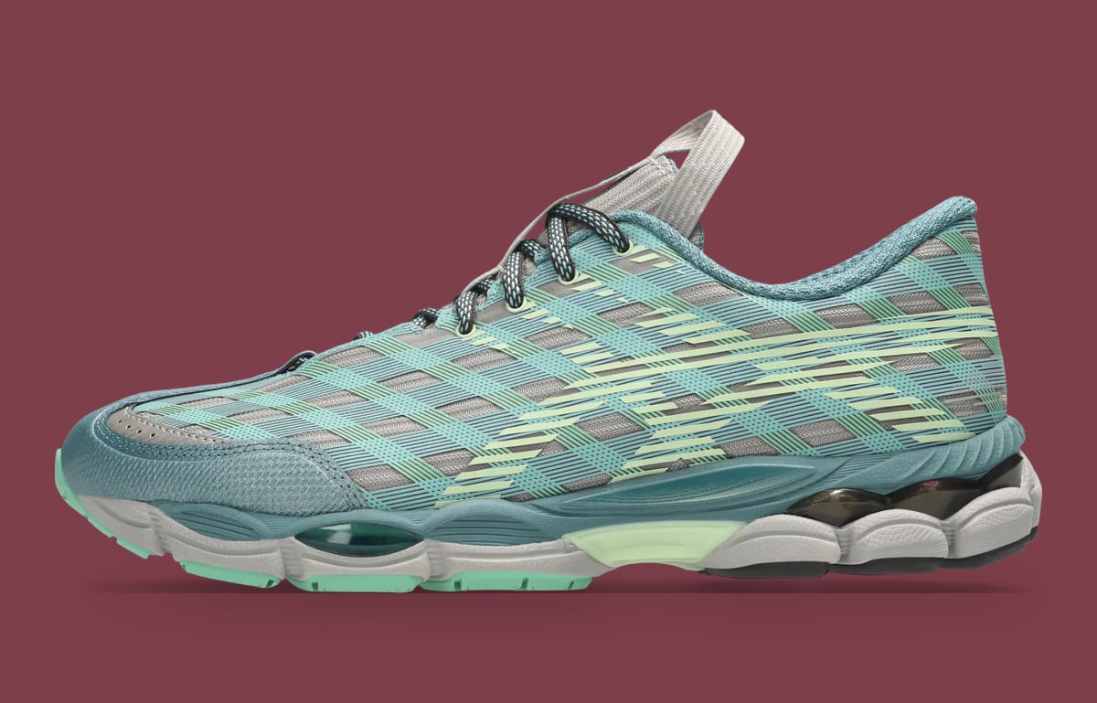Medial view, teal plaid upper with grey heel loop, mint toe and heel outsole, x Kiko Kostadinov