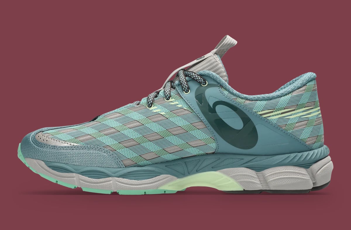 Medial view, teal upper with large dark teal logo on heel overlay, mint outsole, x Kiko Kostadinov